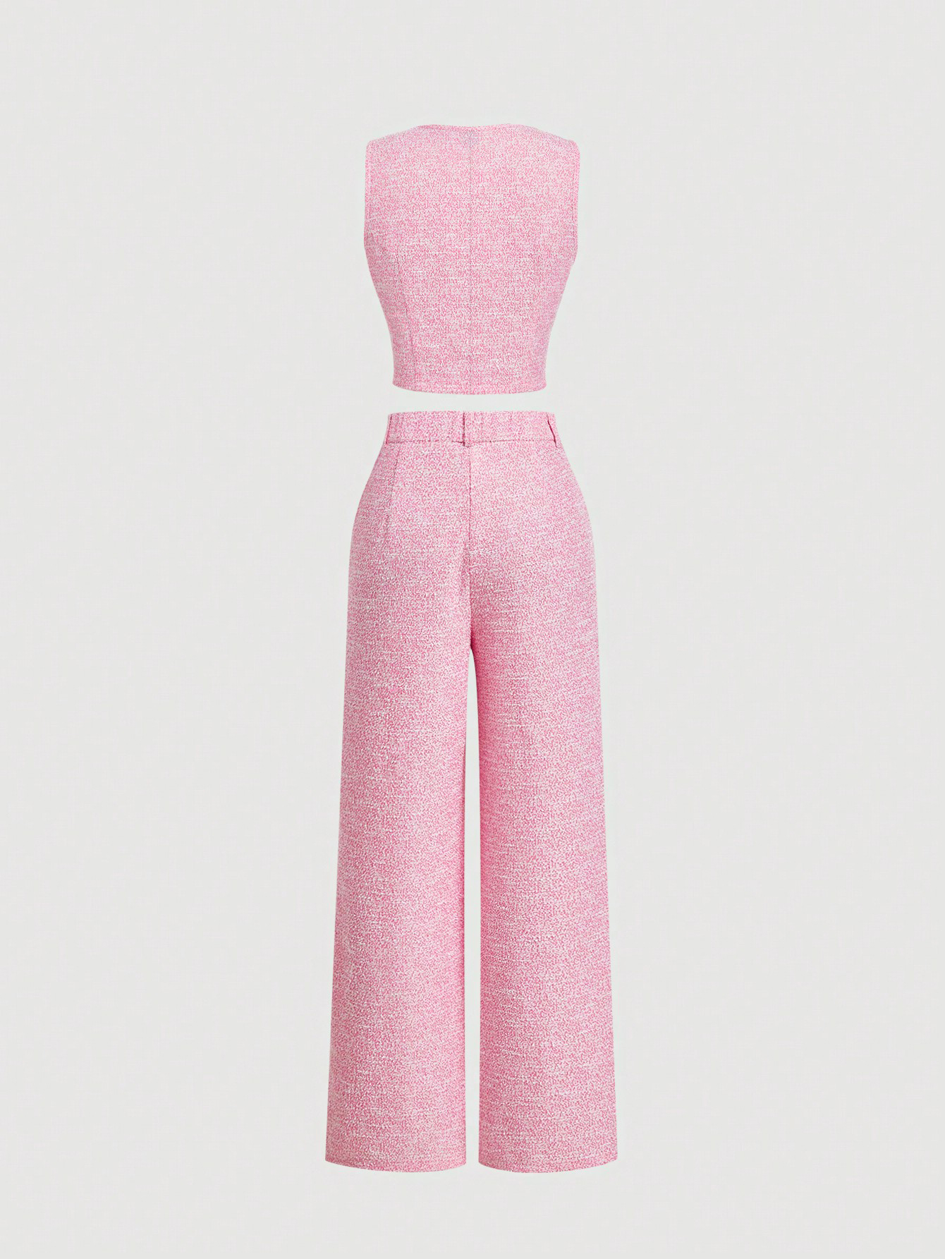 Women's Pink Tweed Button-Front Vest and Wide Leg Pants Set