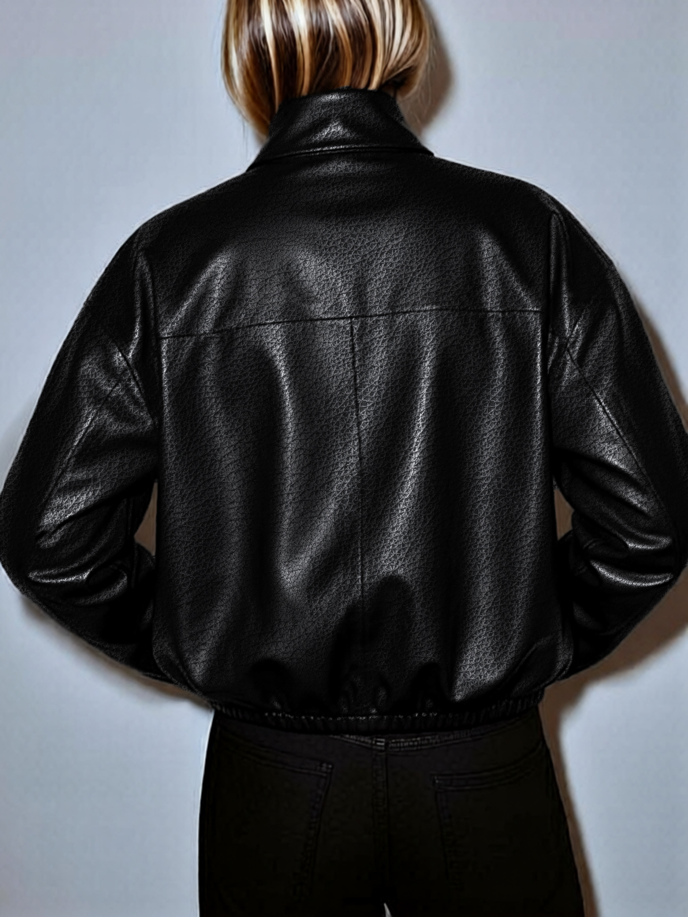 2026 Spring Summer Casual Oversized Leather Jacket - Textured High-Neck Relaxed Cropped Style