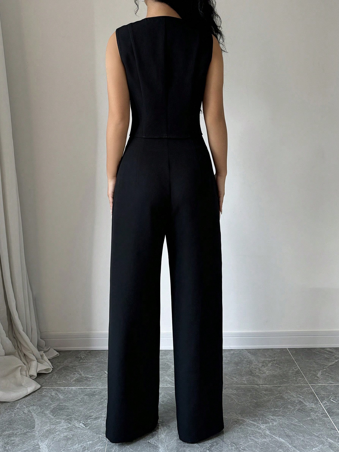Women's Black Button-Front Vest and Wide-Leg Pants Set
