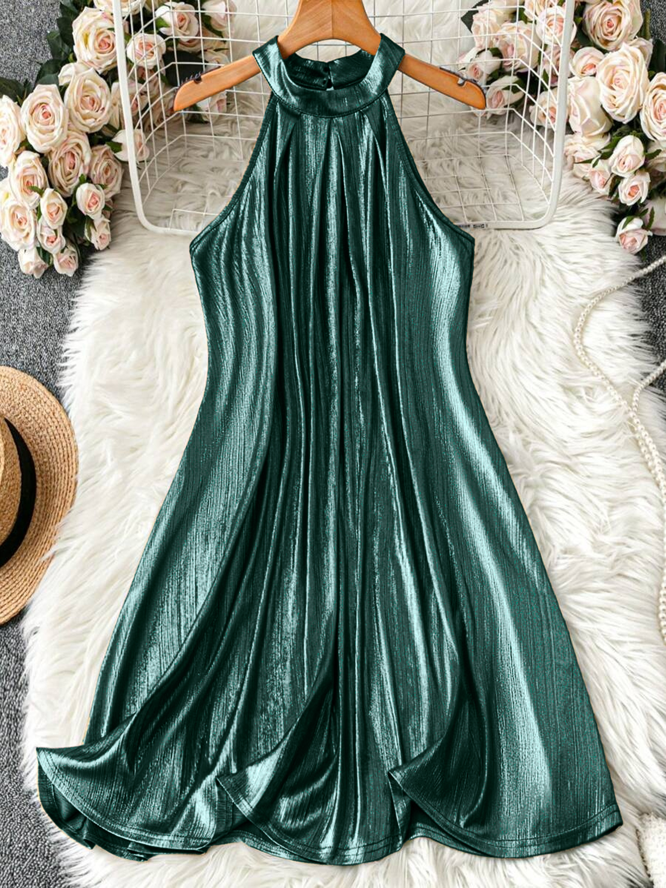 Metallic High Neck Halter Sleeveless Mini Dress