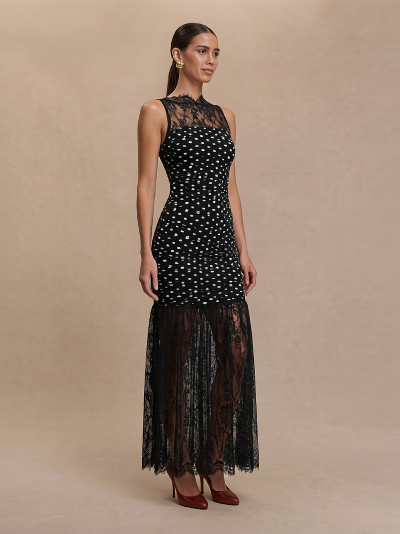 Sleeveless Lace Sheer Polka Dot Dress Ruched Bodycon Sheer Maxi Dress
