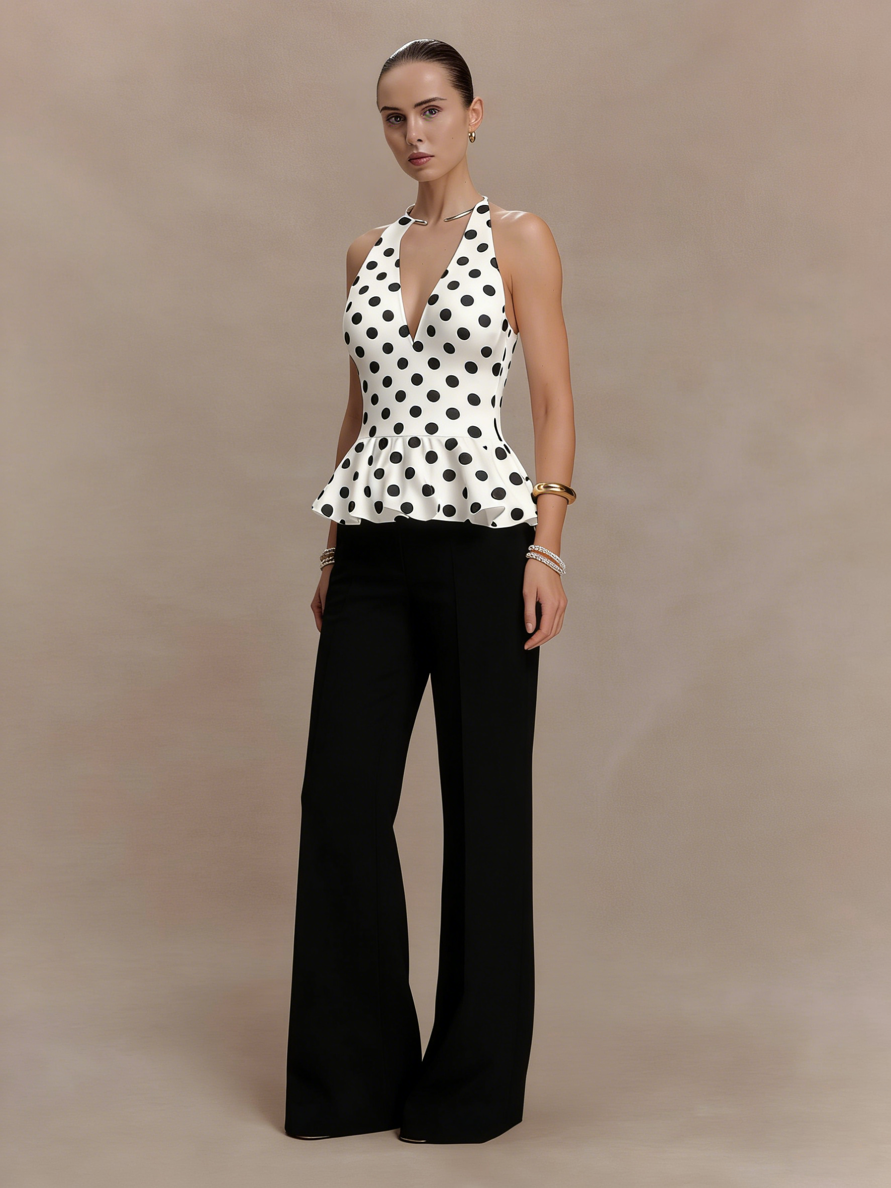 Elegant Halter Neck Deep V Metal Detail Polka Dot Peplum Casual Cami Top