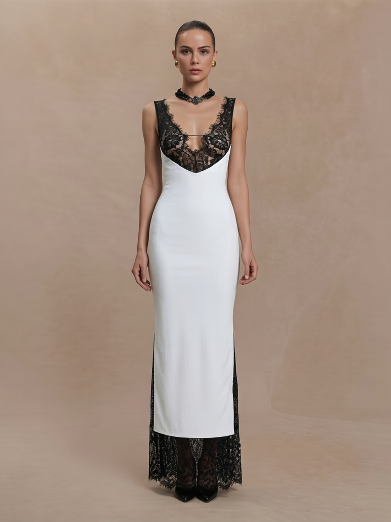 Glamorous Deep V Neck Black Lace Bodice Contrast Side Slit Maxi Dress