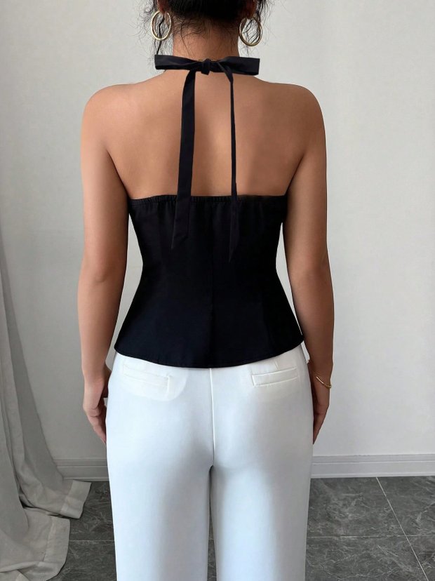 Women's Sleeveless Halter Neck Button Vest Top-Aetheryn