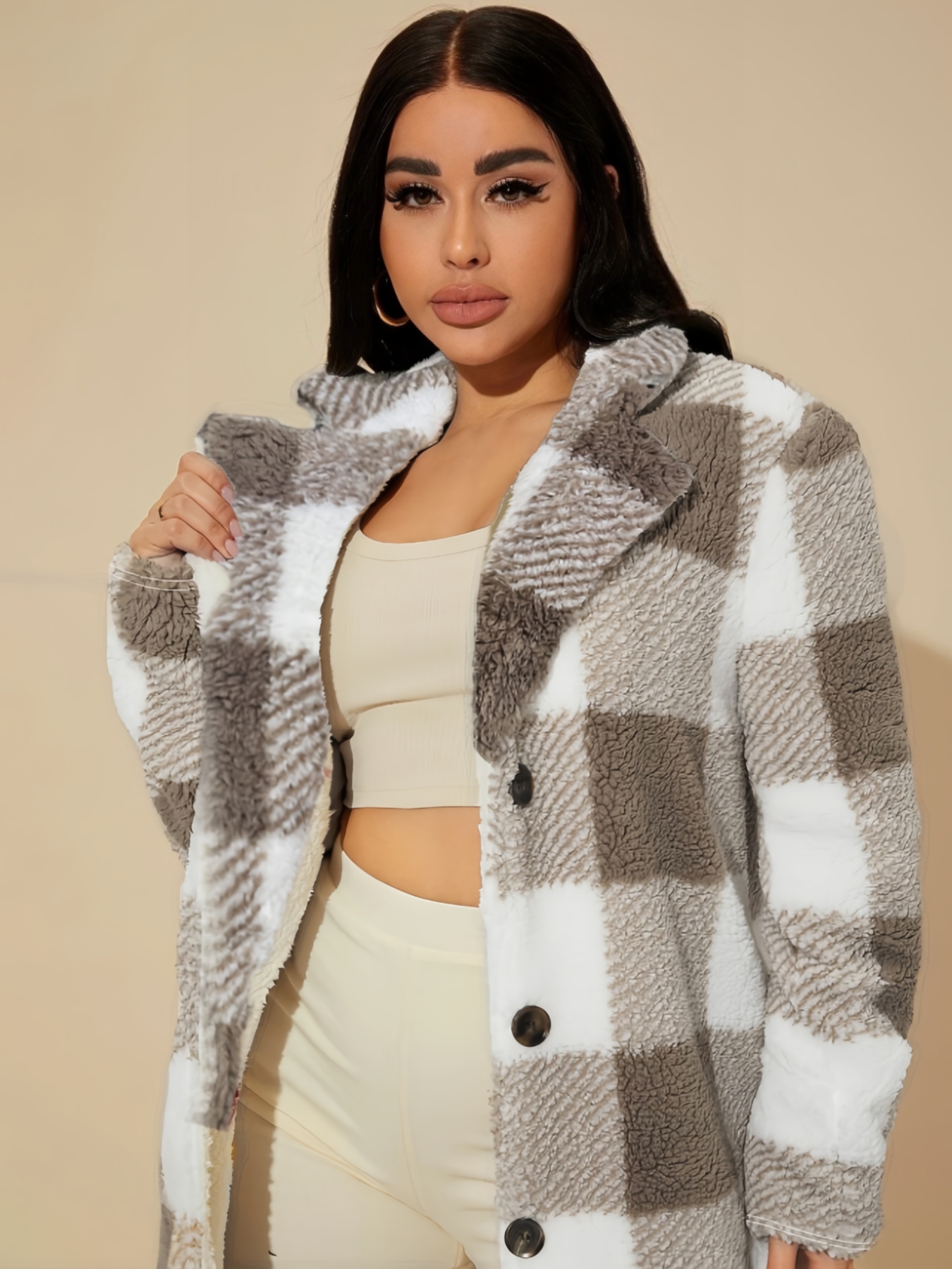 Women's Versatile Plaid Fuzzy Longline Coat  