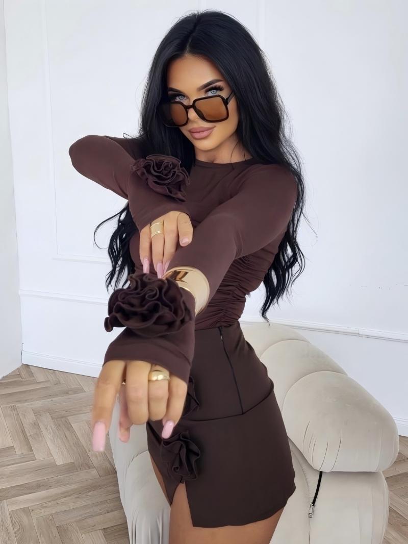 Woman's Long Sleeve Crew Neck Fitted Top with 3D Floral Cuff Detail