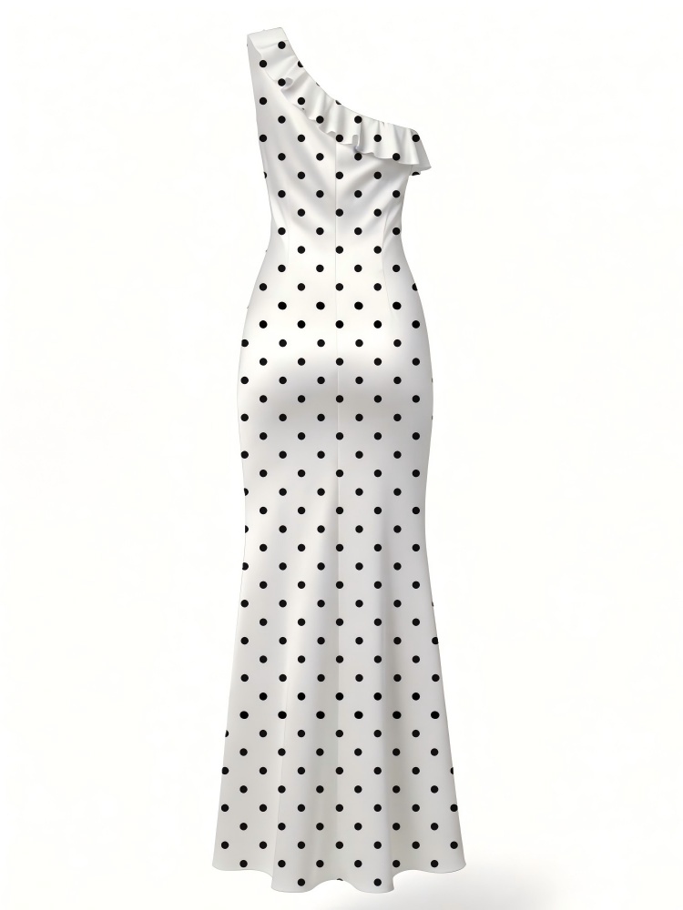 2026 Spring Summer Vintage Socialite Style Polka Dot Satin One-Shoulder Formal Dress | Ruffle Trim Fitted Mermaid Maxi Dress