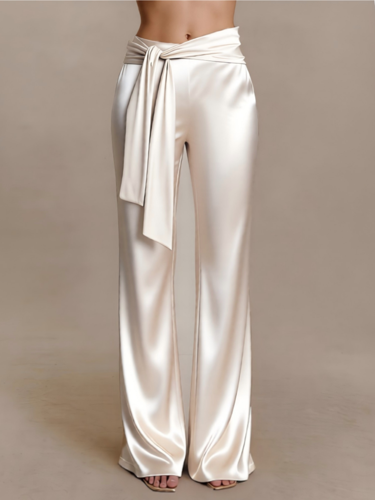 2026 Spring Summer Light Luxury Dinner Style Satin Halter Backless Jumpsuit : Metal Chain Decor Waist Tie Wide-Leg One-Piece