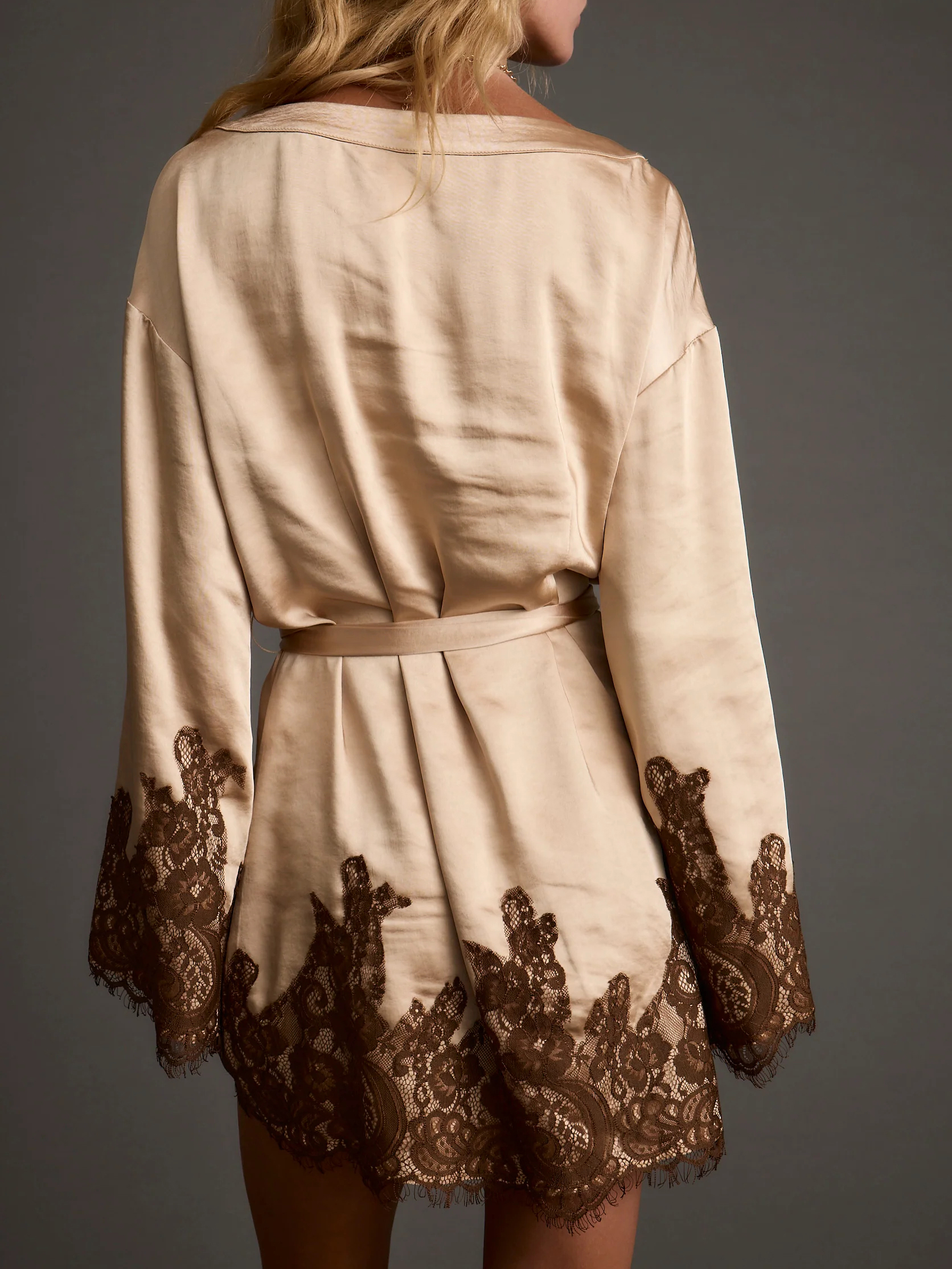 Gold Champagne Satin Lace Trim Belted Kimono Dress