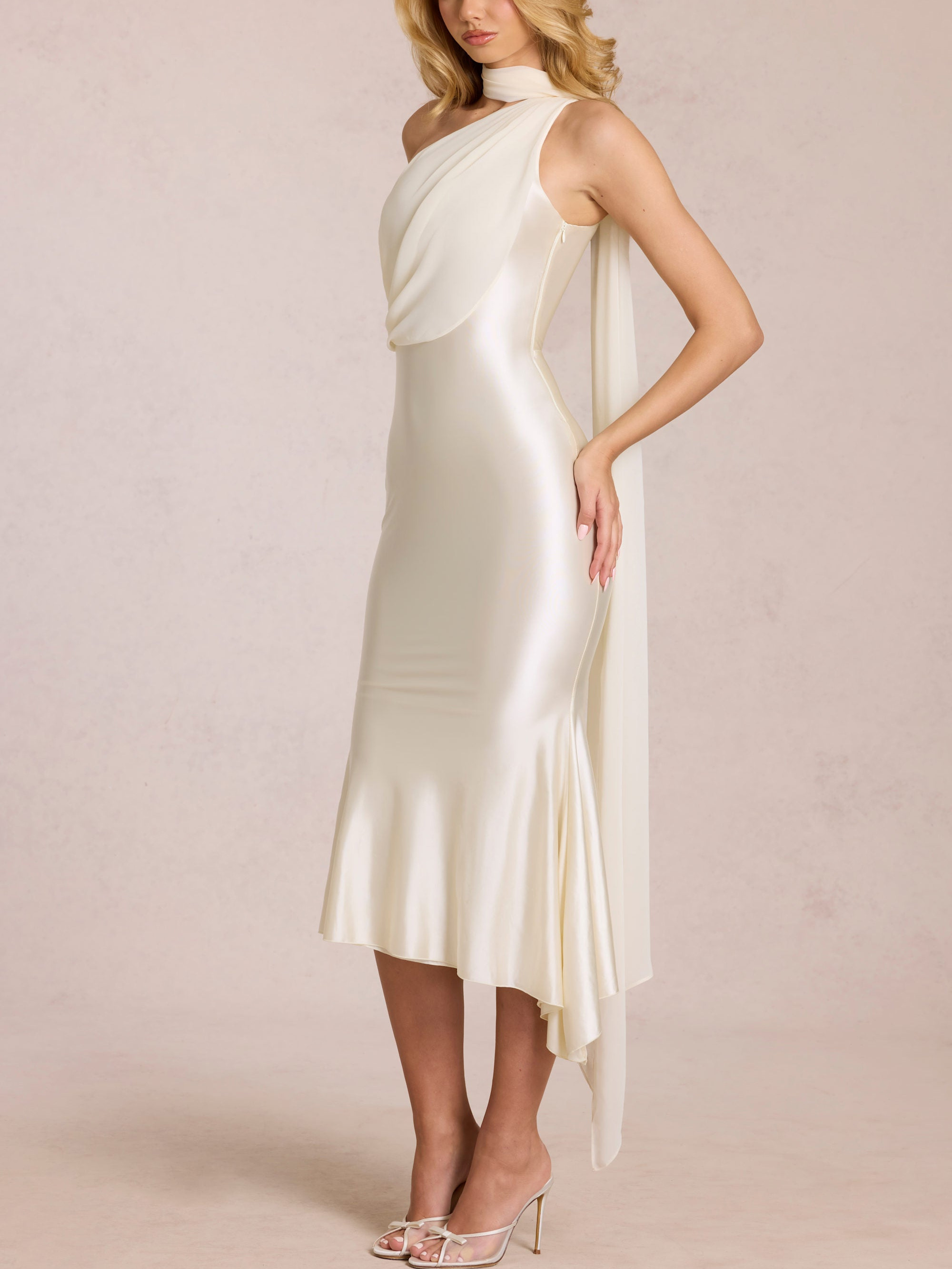  Elegant One-Shoulder Satin Cocktail Midi Dress