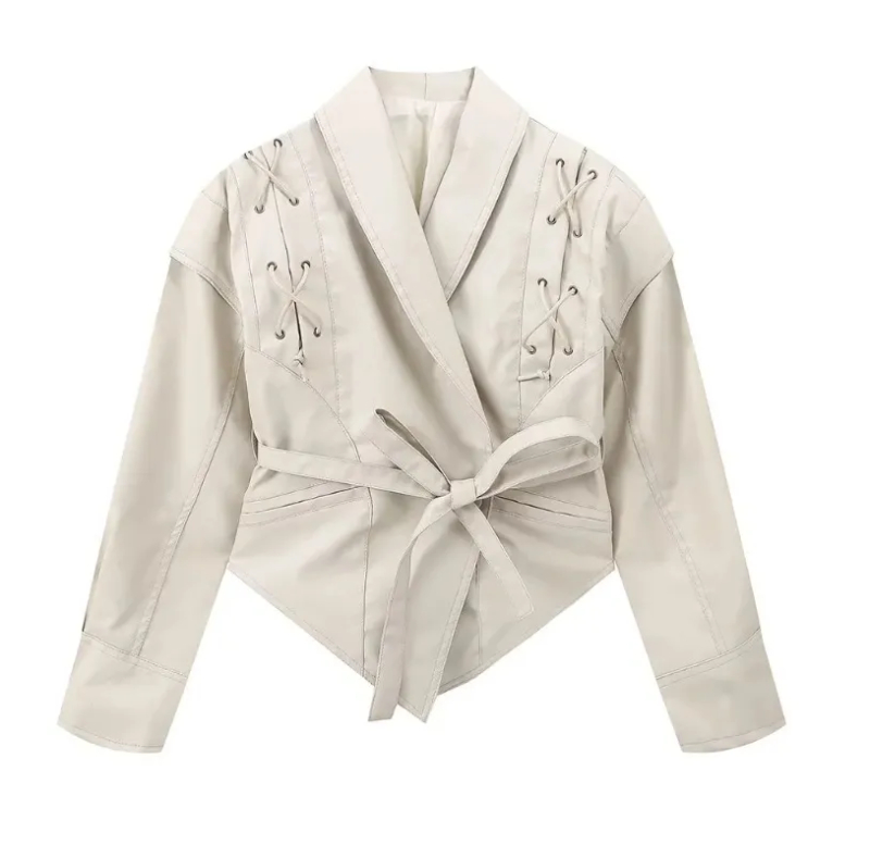 Woman's Faux Leather Lace-Up Detail Belted Cropped Jacket