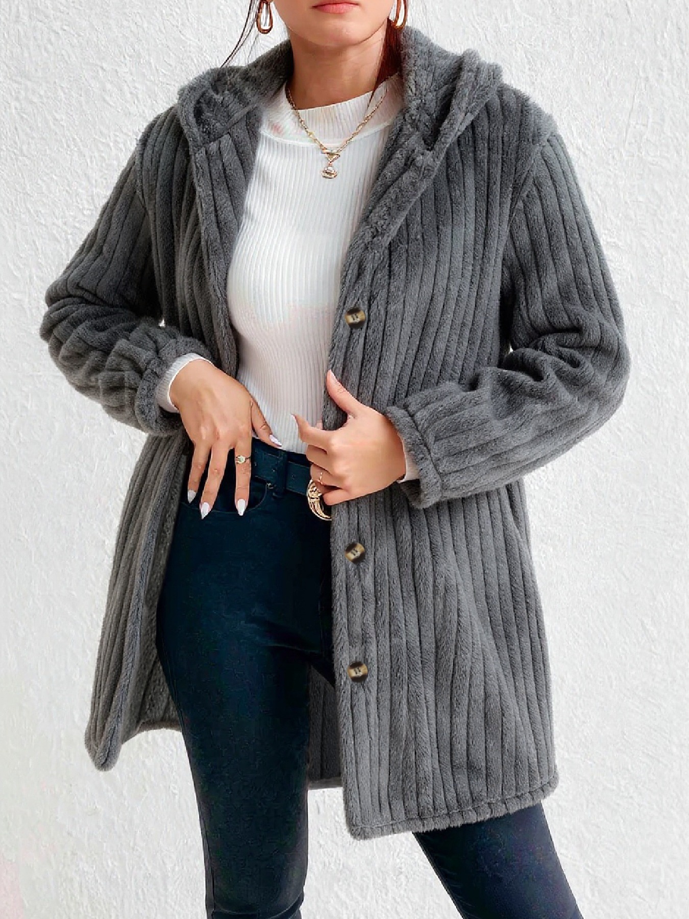 Dark gray pinstripe fur coat Women‘s hooded single-breasted long coat