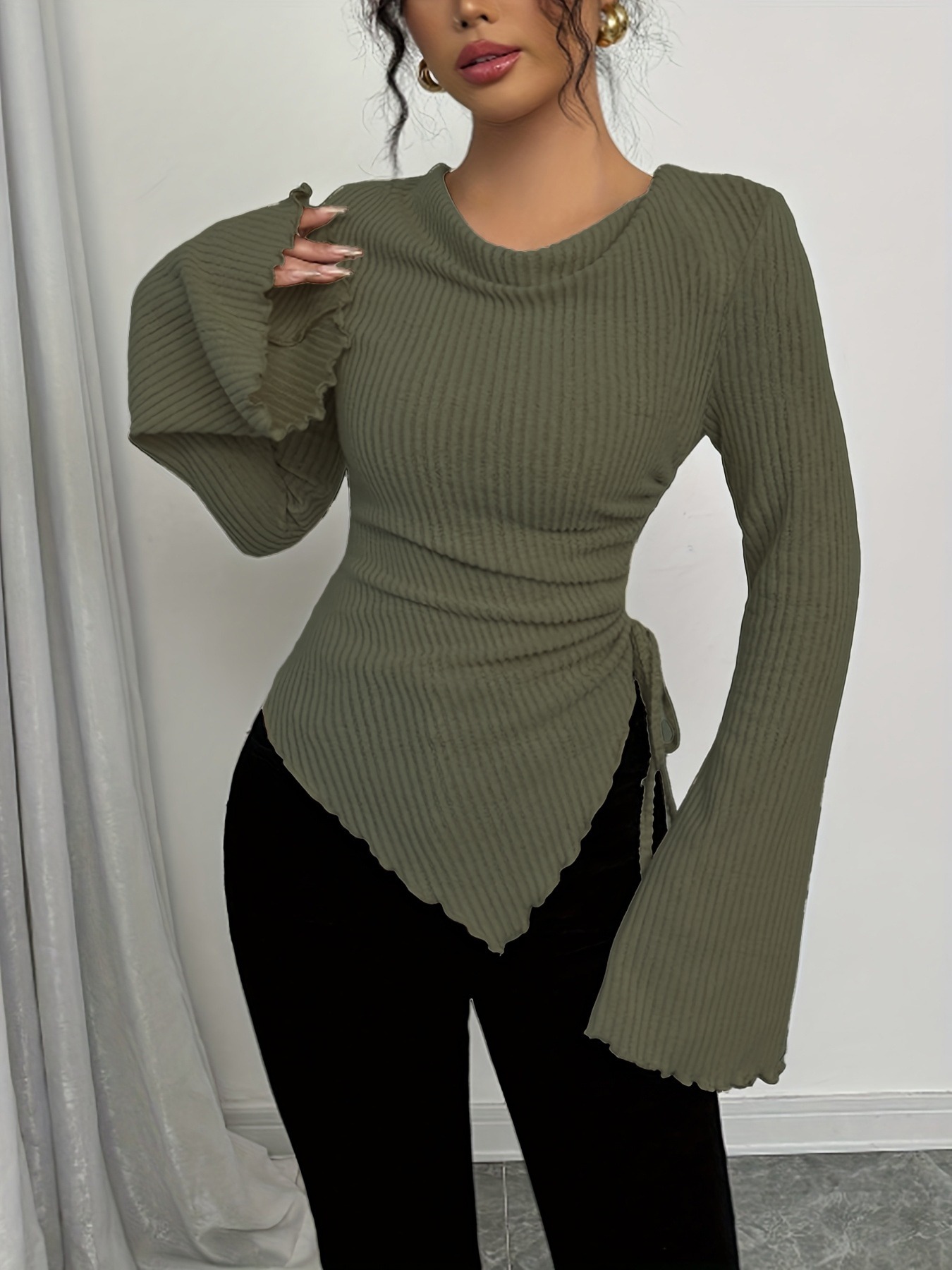 Y2K Cream Ribbed Cowl Neck Side Tie Asymmetrical Hem Top