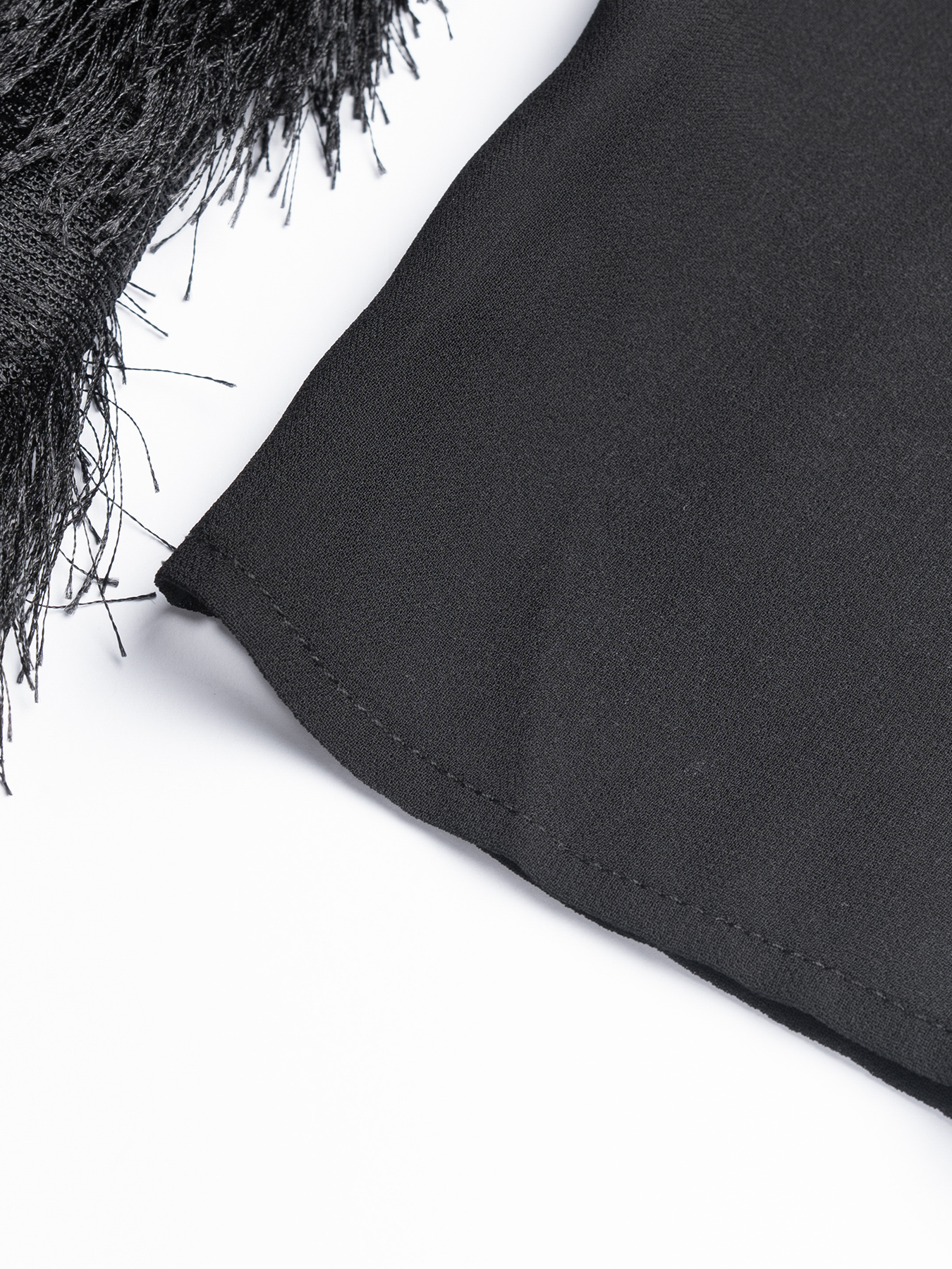 Woman's Round Neck Sheer Long Sleeve Feather Fringe Mini Dress