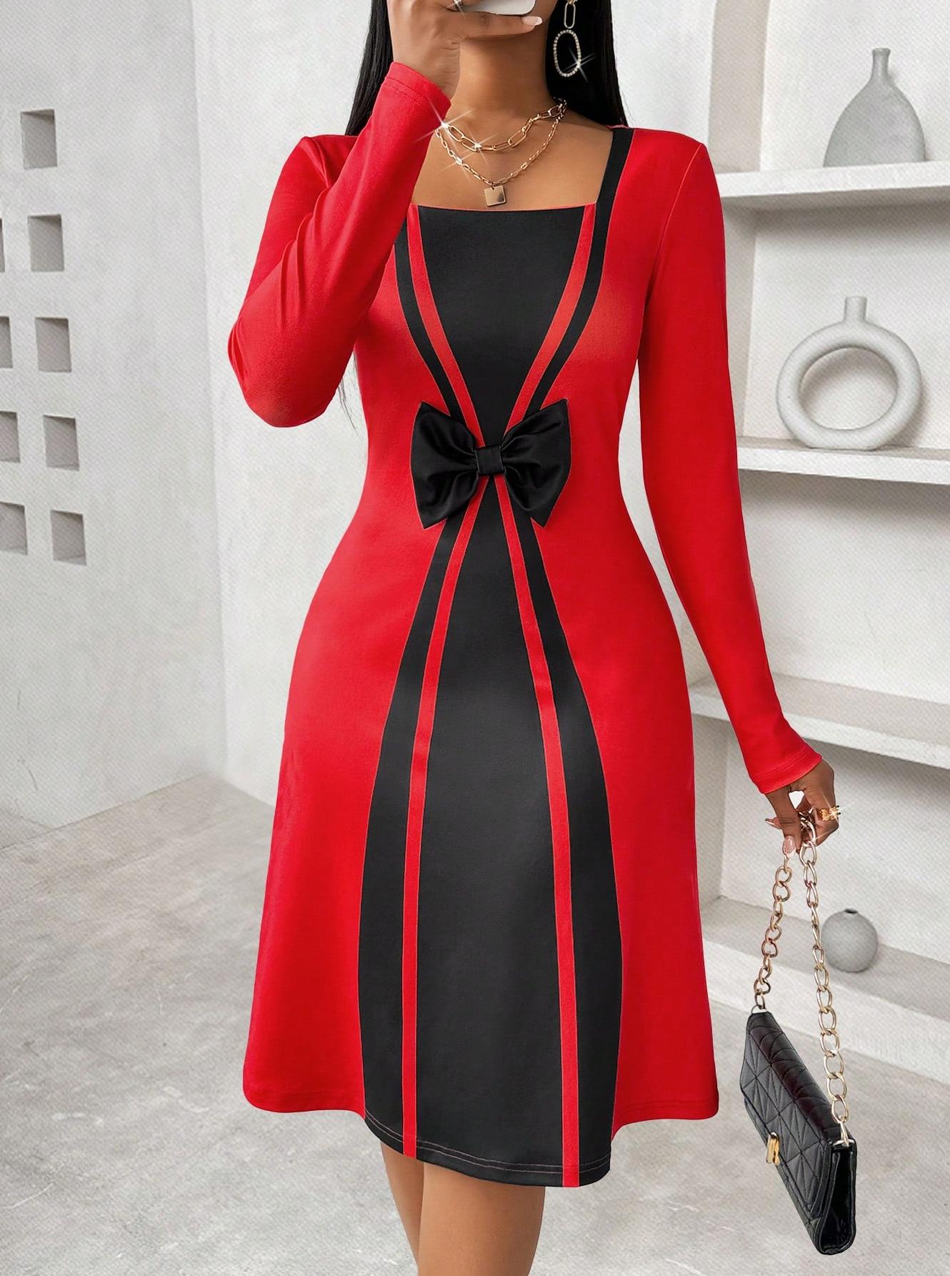 Women's Red and Black Contrast Bow - Front Long Sleeve Dress