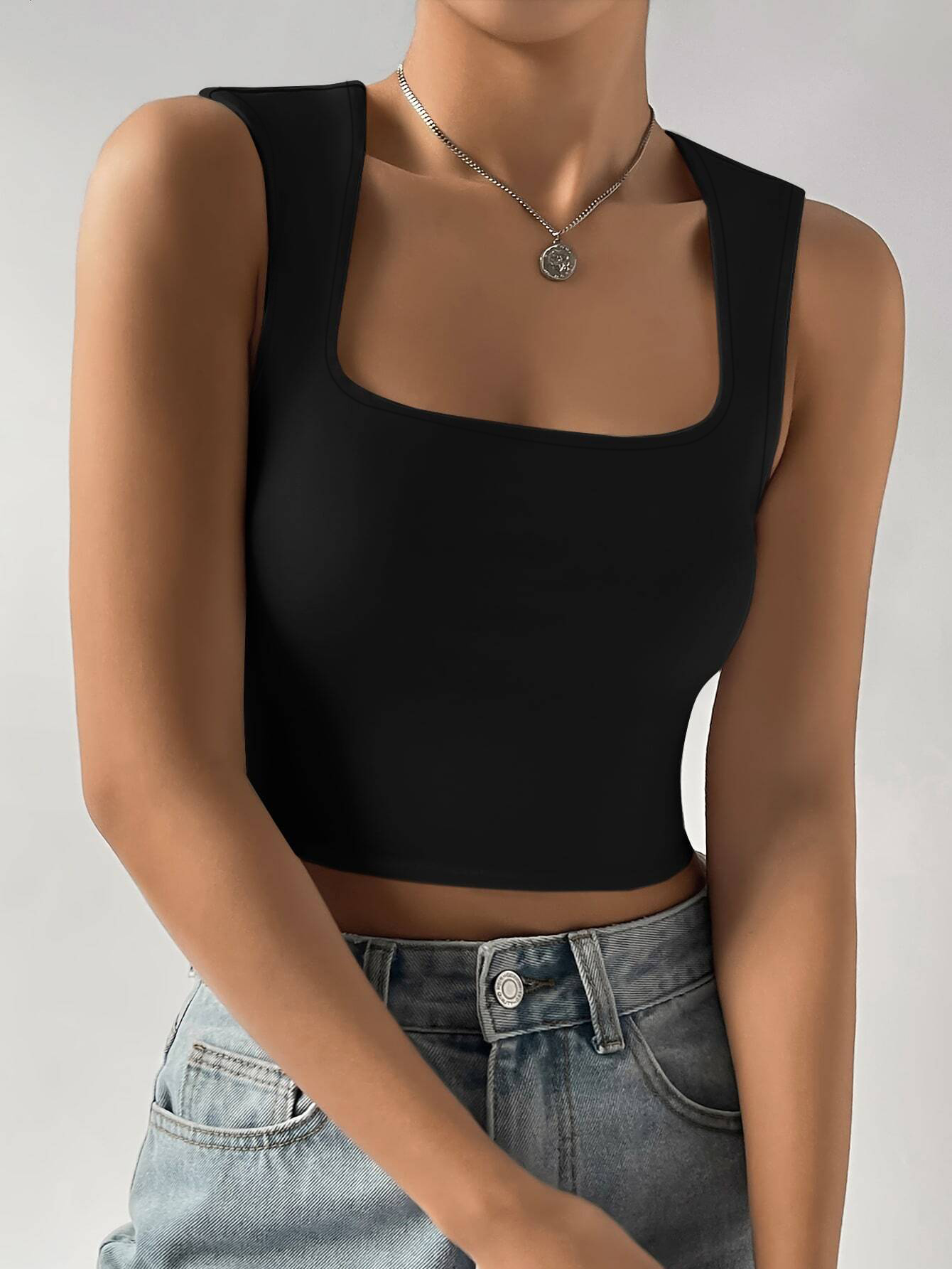 Women's Black Square Neck Cropped Tank Top
