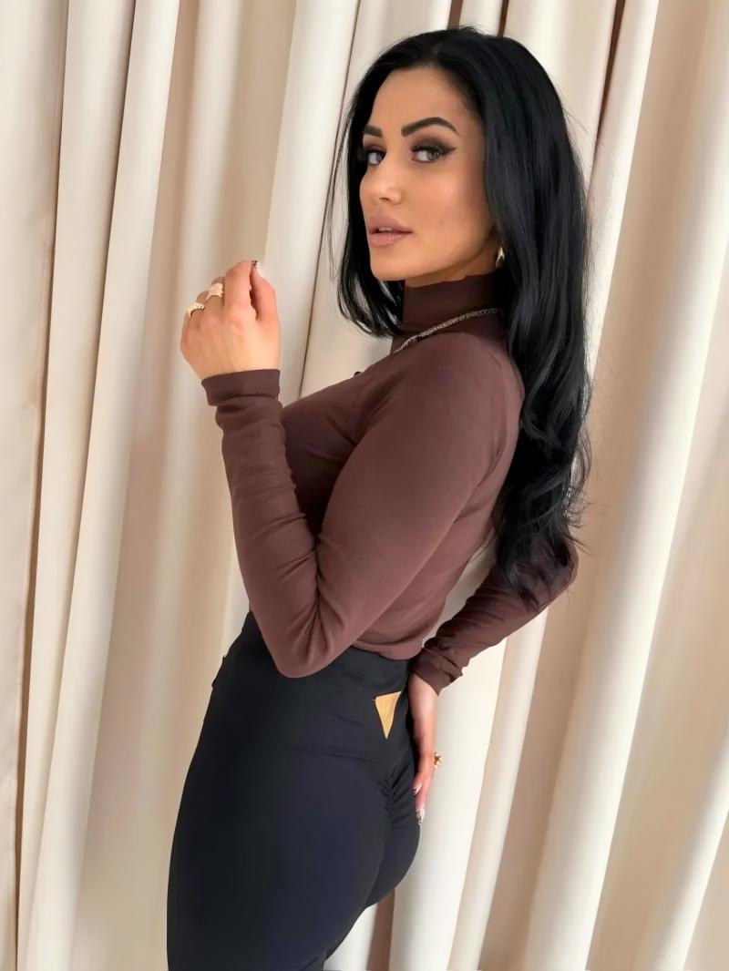 Woman's Mock Neck Long Sleeve Ruched Front Fitted Top