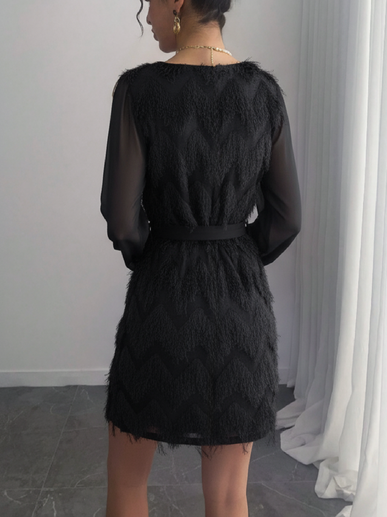 Woman's Round Neck Sheer Long Sleeve Feather Fringe Mini Dress