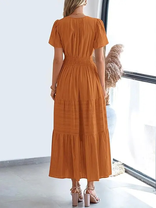 Casual V Neck Boho Midi Dress with Pockets