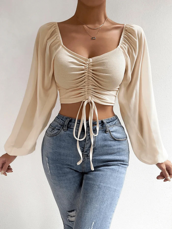 Ruched Drawstring Square Neck Lantern Sleeve Crop Top