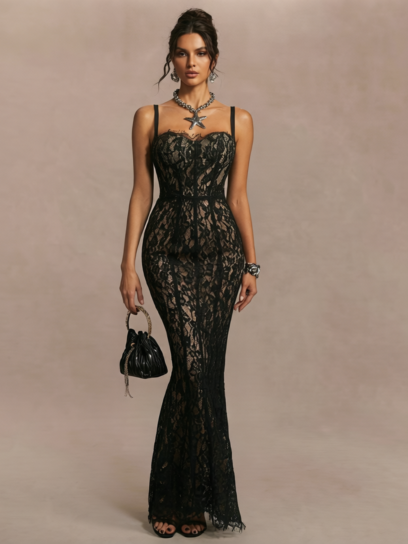 Sheer Floral Lace Mermaid Maxi Dress