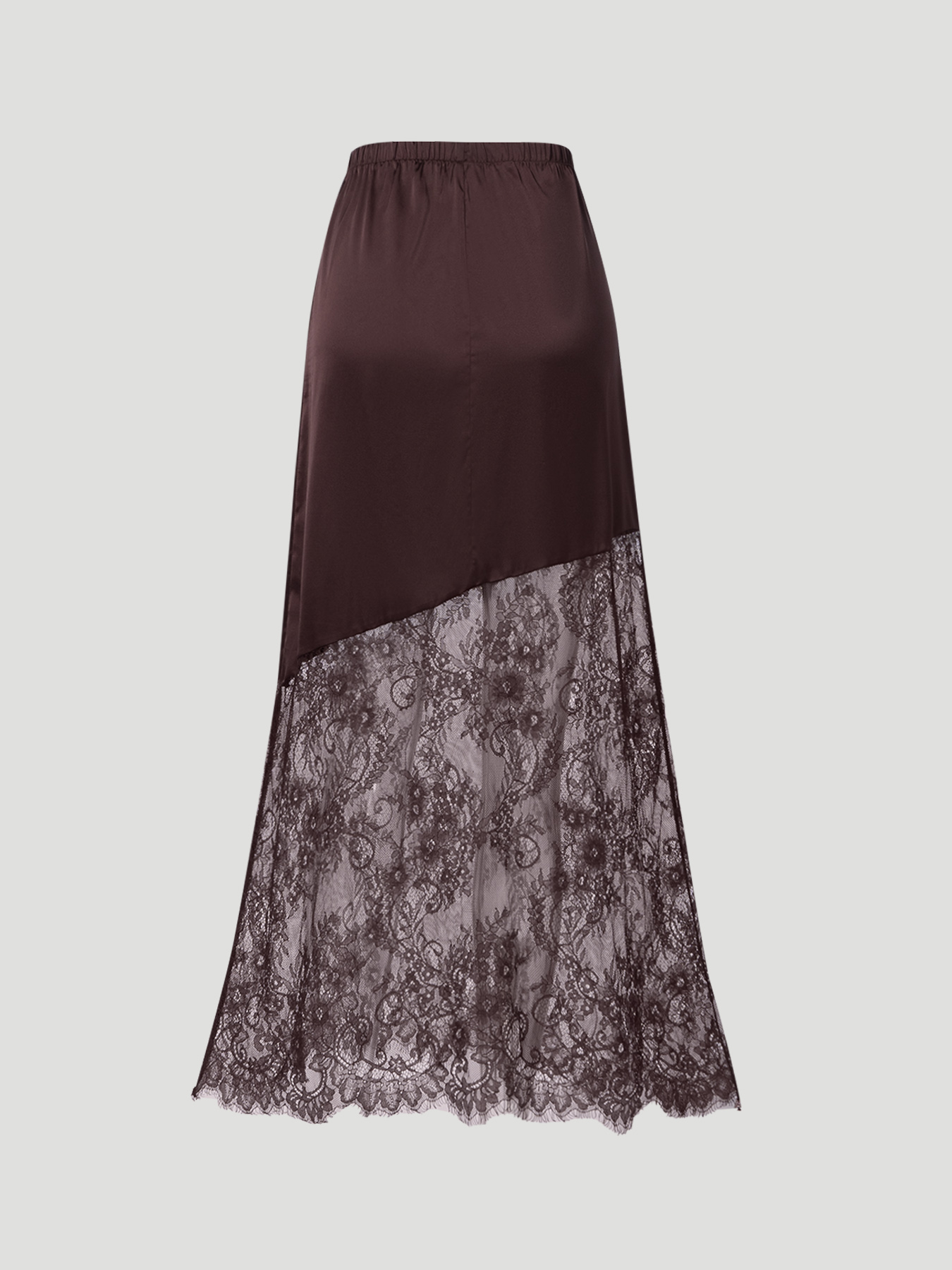 Falda corta de encaje de satén marrón oscuro Falda larga de cintura alta y falda irregular Falda de encaje A para cenas y citas