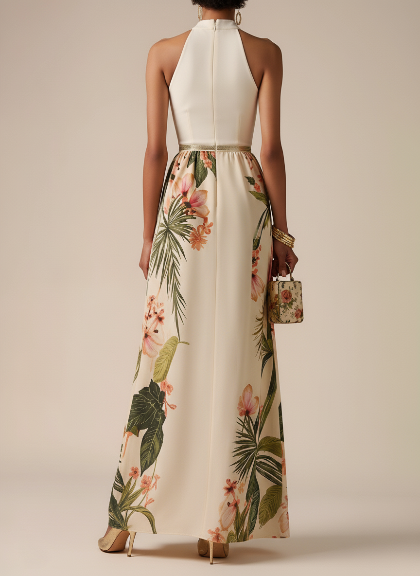 Halter Knot Tropical Floral Print Waist-Cinched Flowy Maxi Dress 