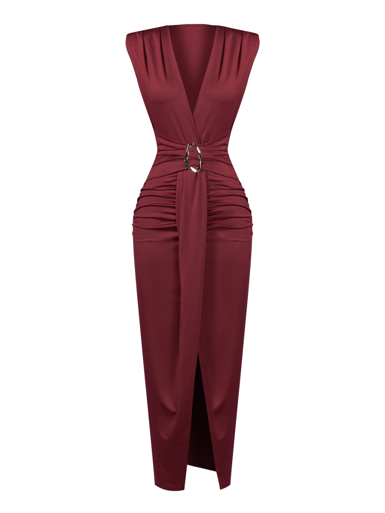 Woman's Burgundy Deep V Ruched O-Ring High Slit Dress