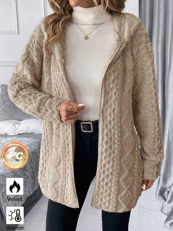 Khaki hooded fleece jacket for women Printed loose medium-length coat