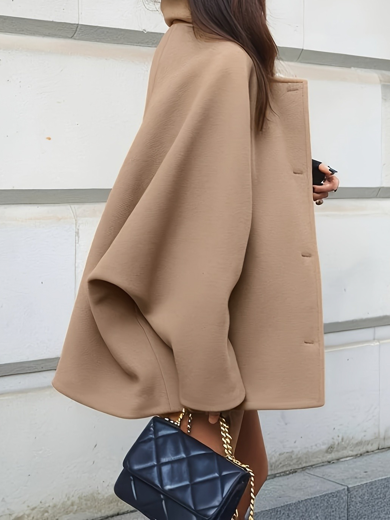 Women's Beige Oversized Single-Breasted Lapel Coat