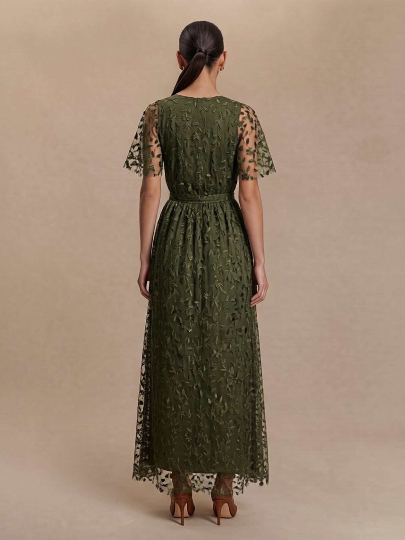 Women's Bohemian Style V-Neck Flutter Sleeve Embroidered Sheer Maxi Dress