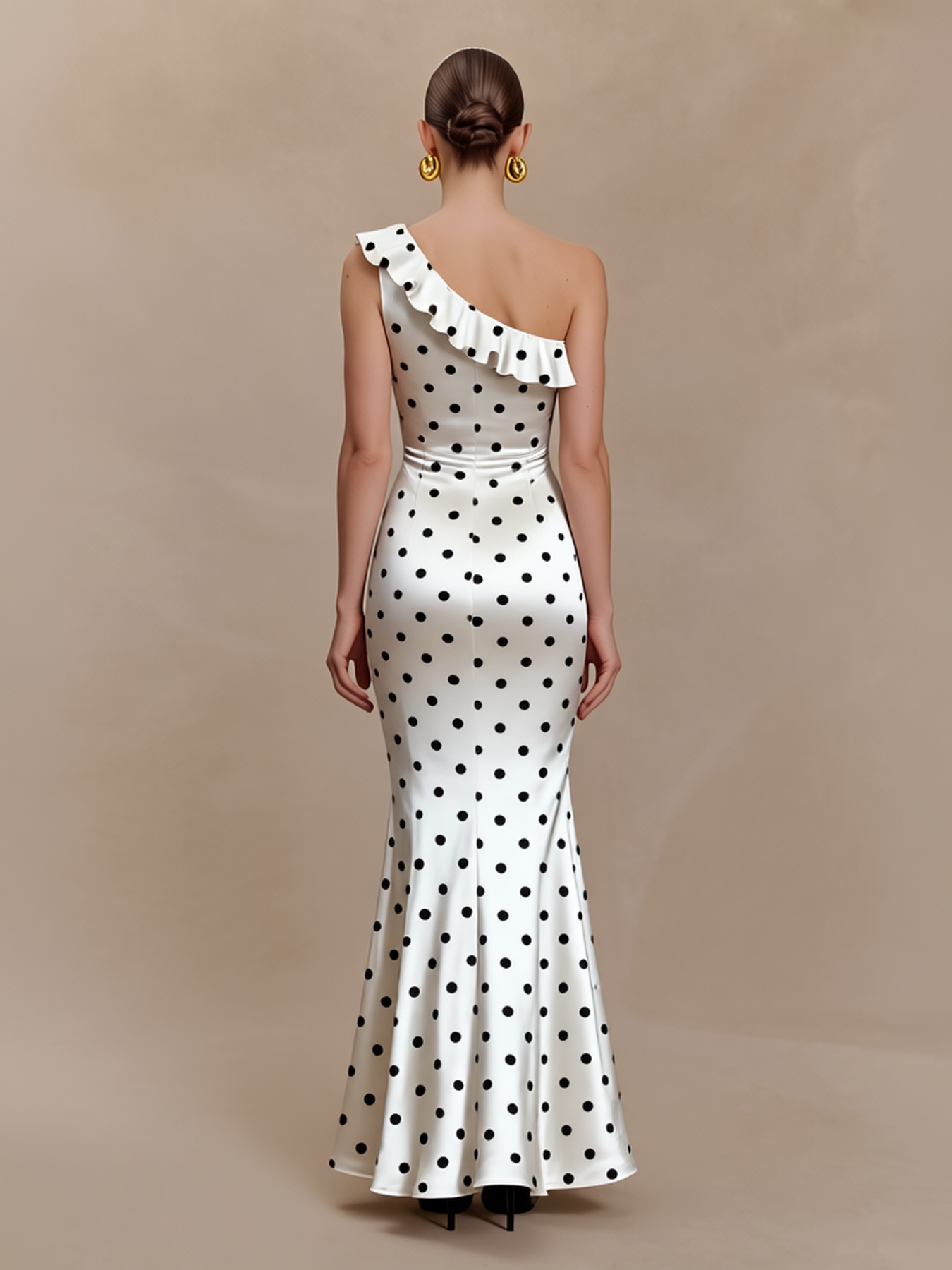 2026 Spring Summer Vintage Socialite Style Polka Dot Satin One-Shoulder Formal Dress | Ruffle Trim Fitted Mermaid Maxi Dress