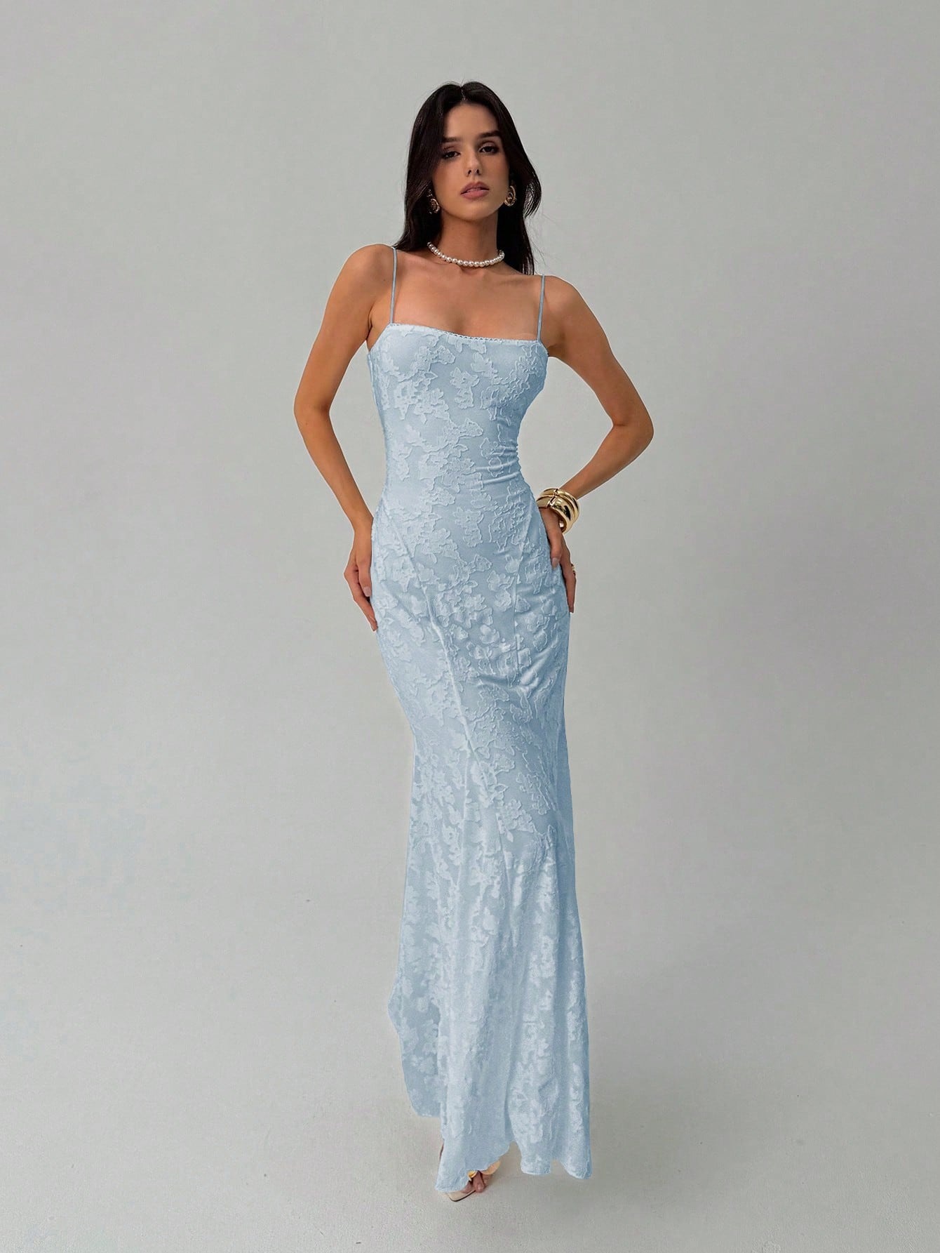 Light Blue Jacquard strap dress, slim fish tail dress, engagement dinner party temperament elegant dress-Aetheryn
