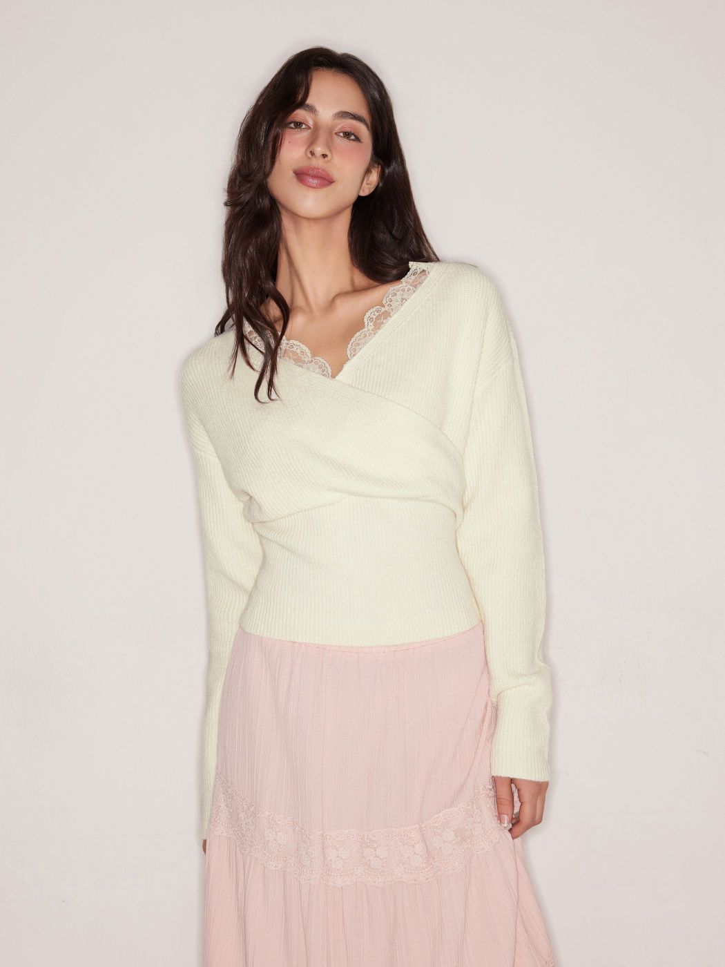 Women's Cream Cross V-Neck Sweater with Lace Trim, Ribbed Knit & Fitted Waist