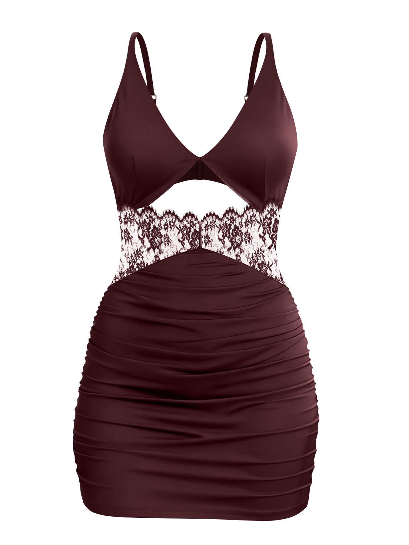 2026 Spring Summer New Style Sexy Rum Red Lace Cut-out Deep V-neck Strappy Mini Dress