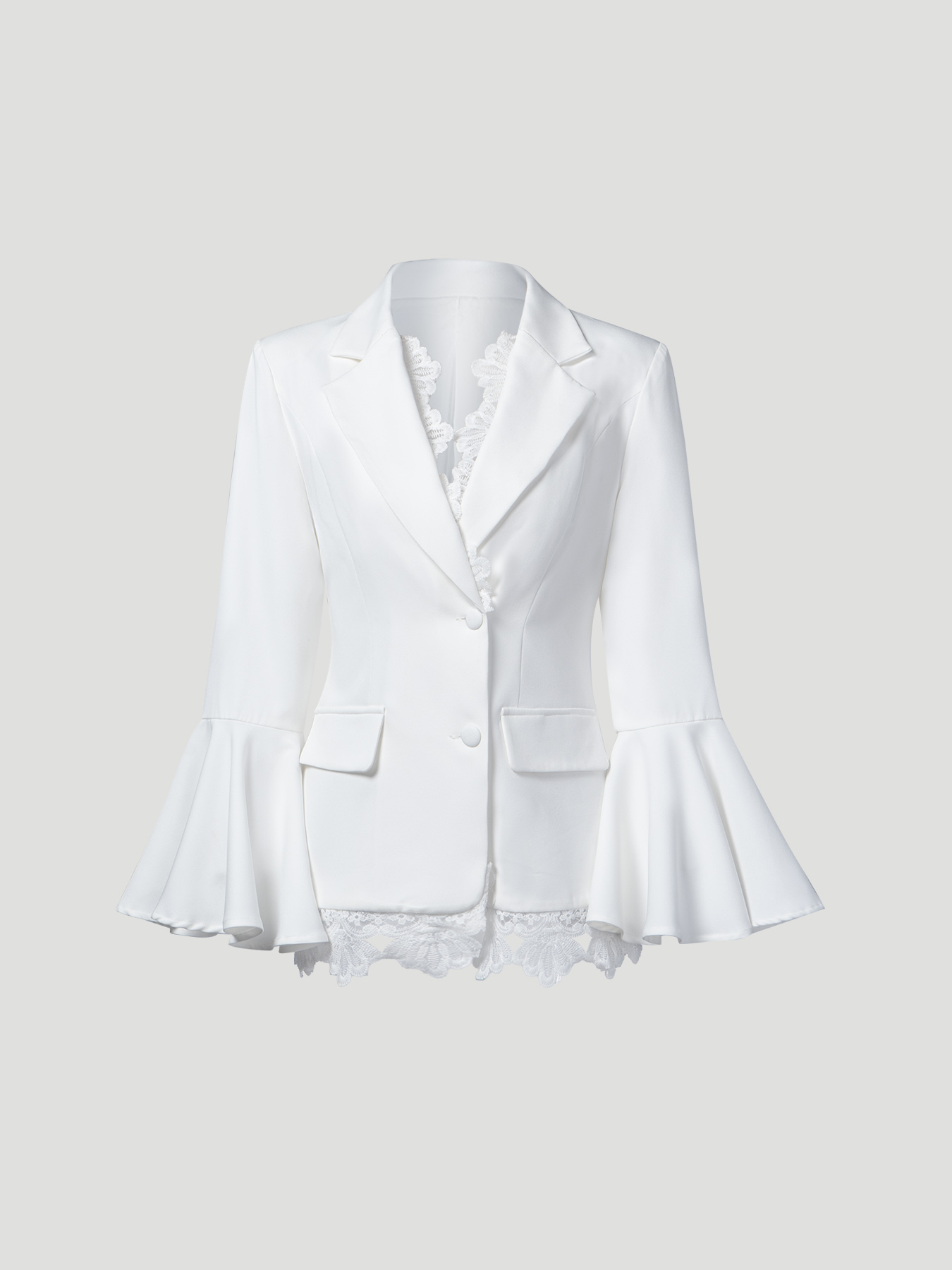 Woman's White Bell Sleeve Lace-Trimmed Blazer Dress
