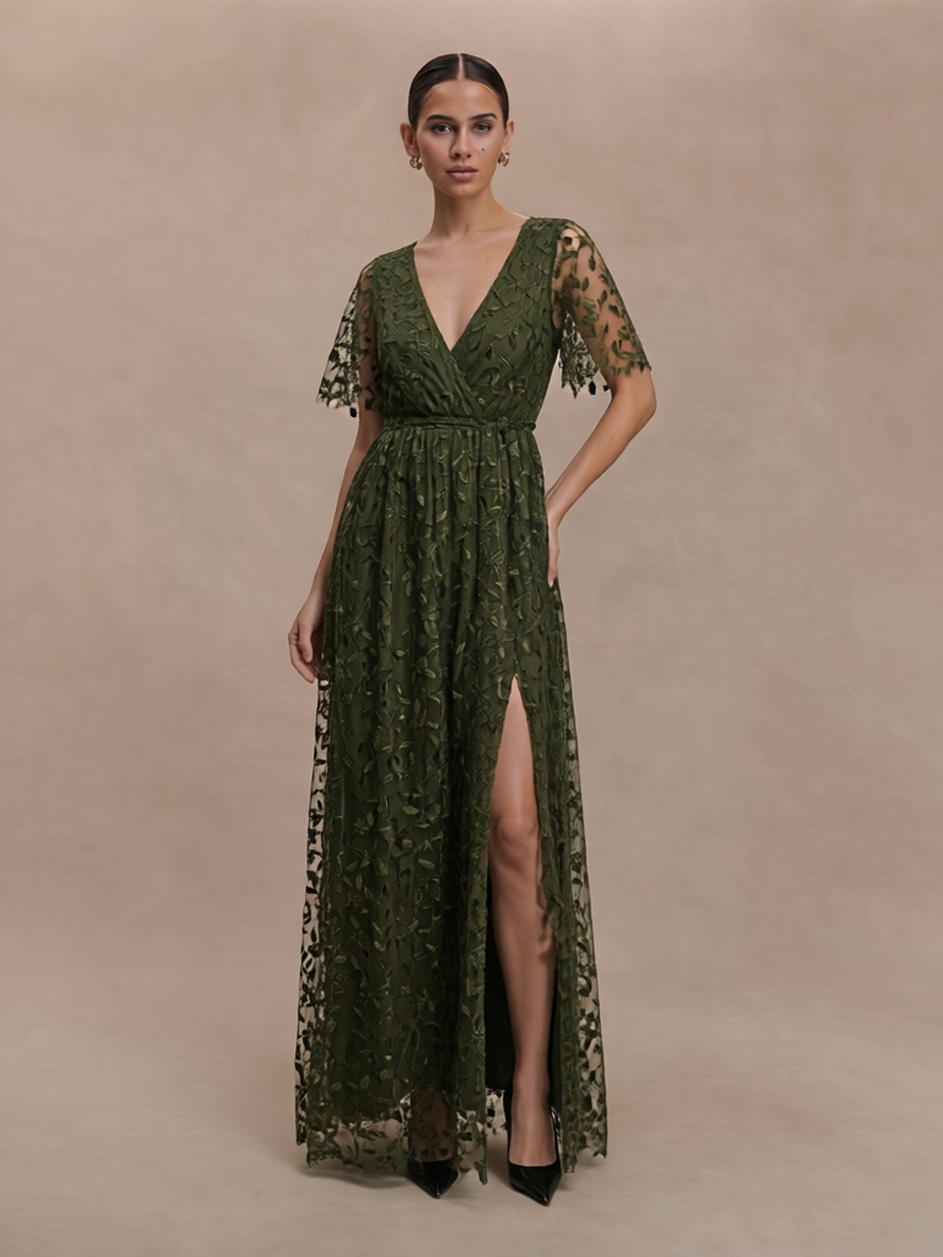 Women's Bohemian Style V-Neck Flutter Sleeve Embroidered Sheer Maxi Dress