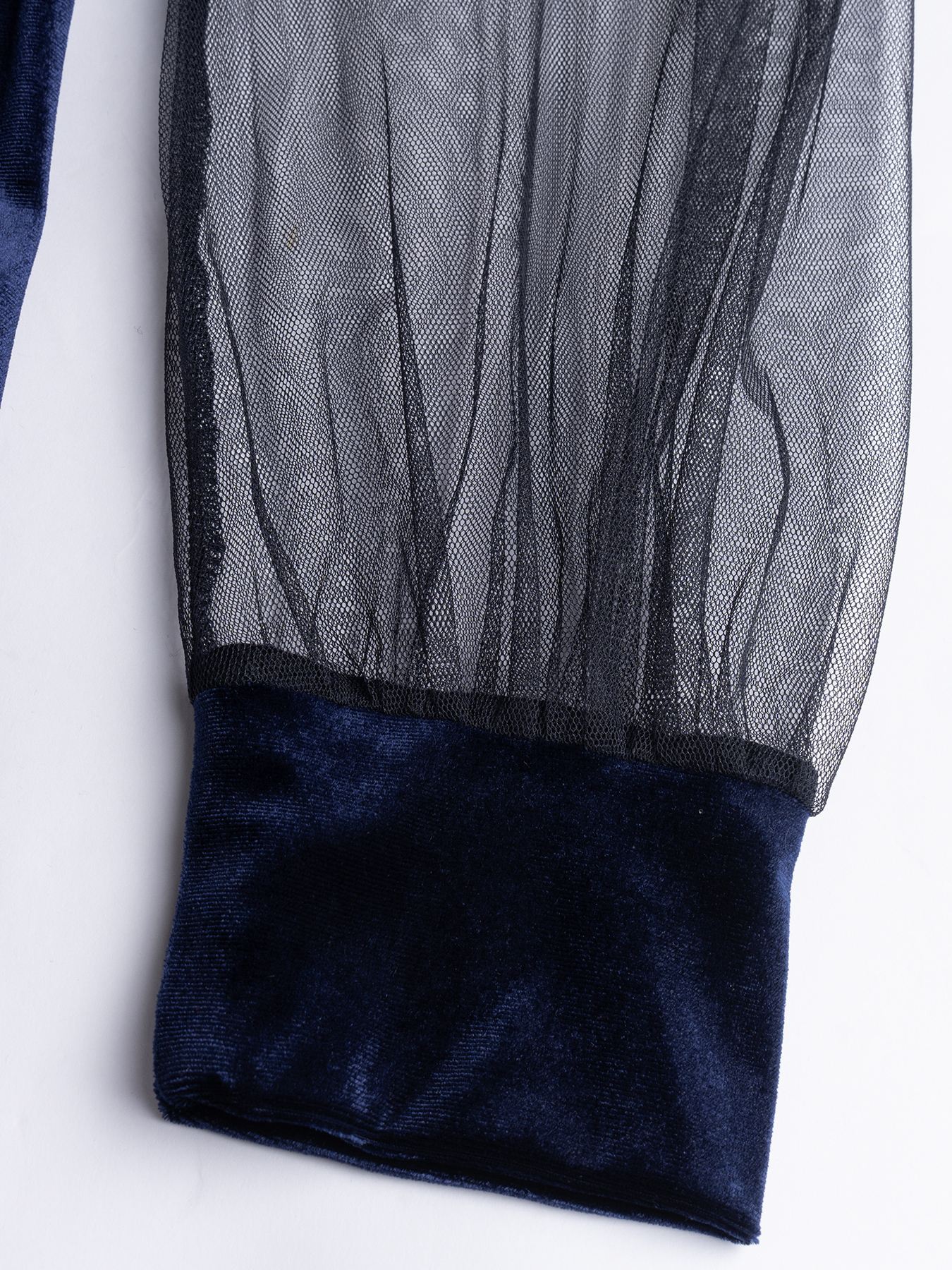 Woman's Navy Blue Velvet Mock Neck Sheer Puff Sleeve Mermaid Maxi Dress