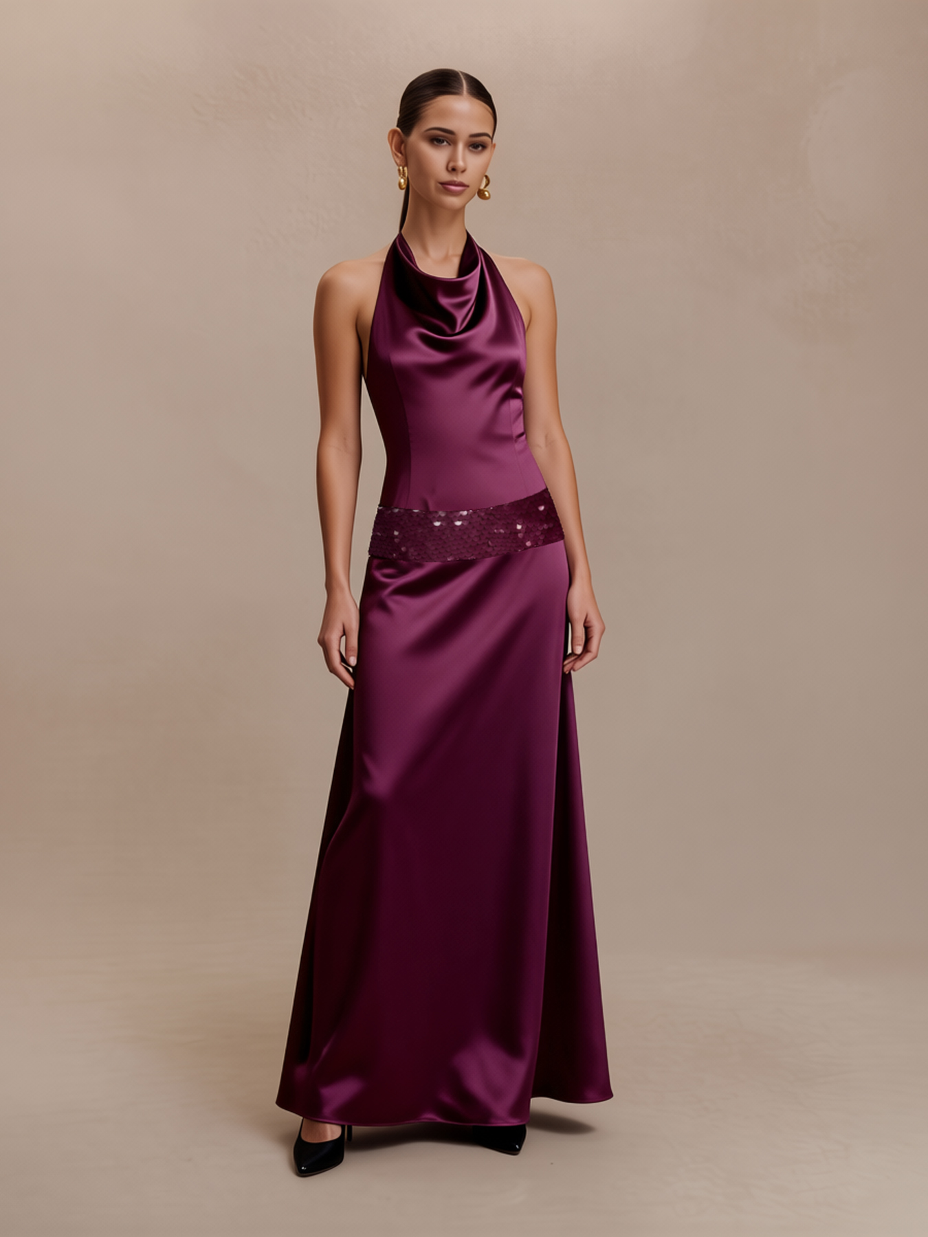 Wine red satin neck dress woman, sequin waist dress, dinner party wedding temperament elegant fishtail skirt-Aetheryn