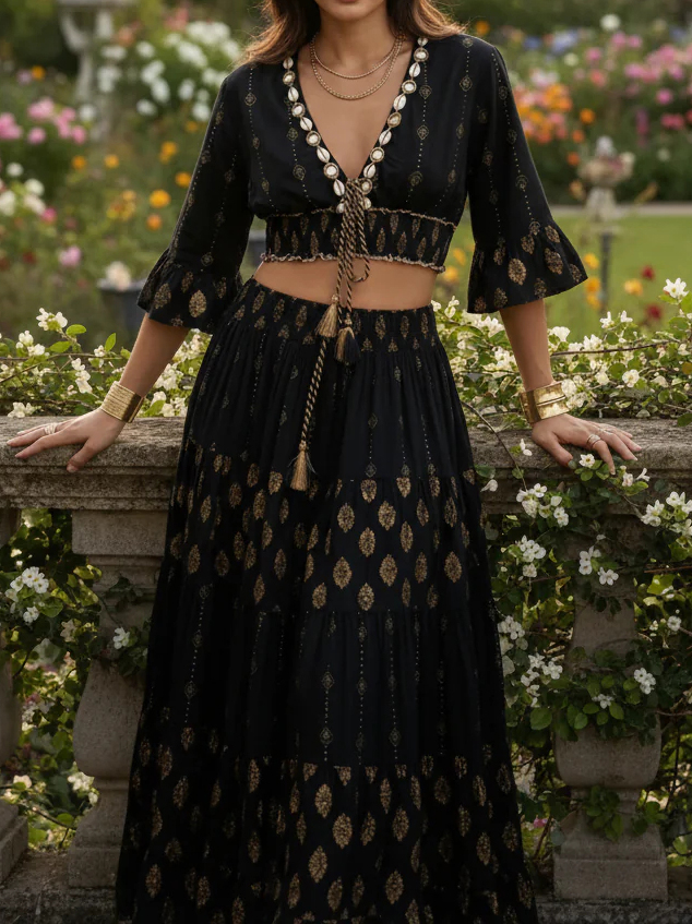 Golden Black Embroidered Boho Two Piece Set