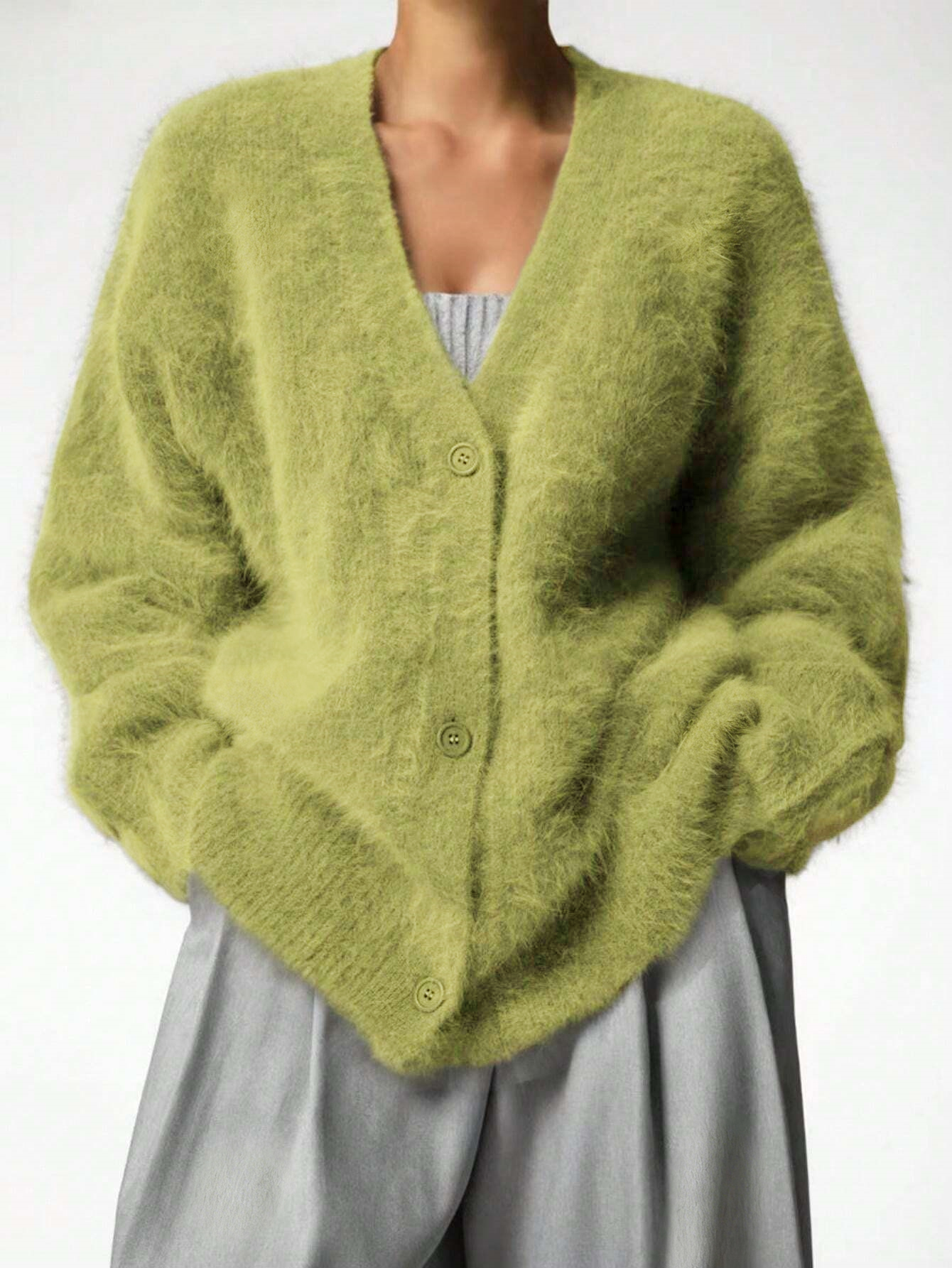 Fruit-green fleece V-neck cardigan, loose single-breasted knit jacket