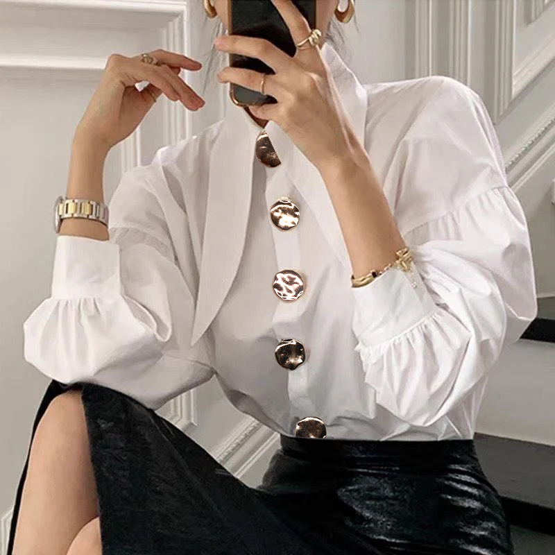 Women's White Blouse with Statement Buttons and Lantern Sleeves