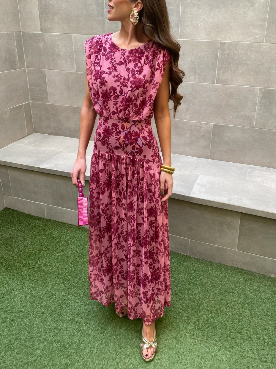 Floral Print Mesh Sleeveless Maxi Dress