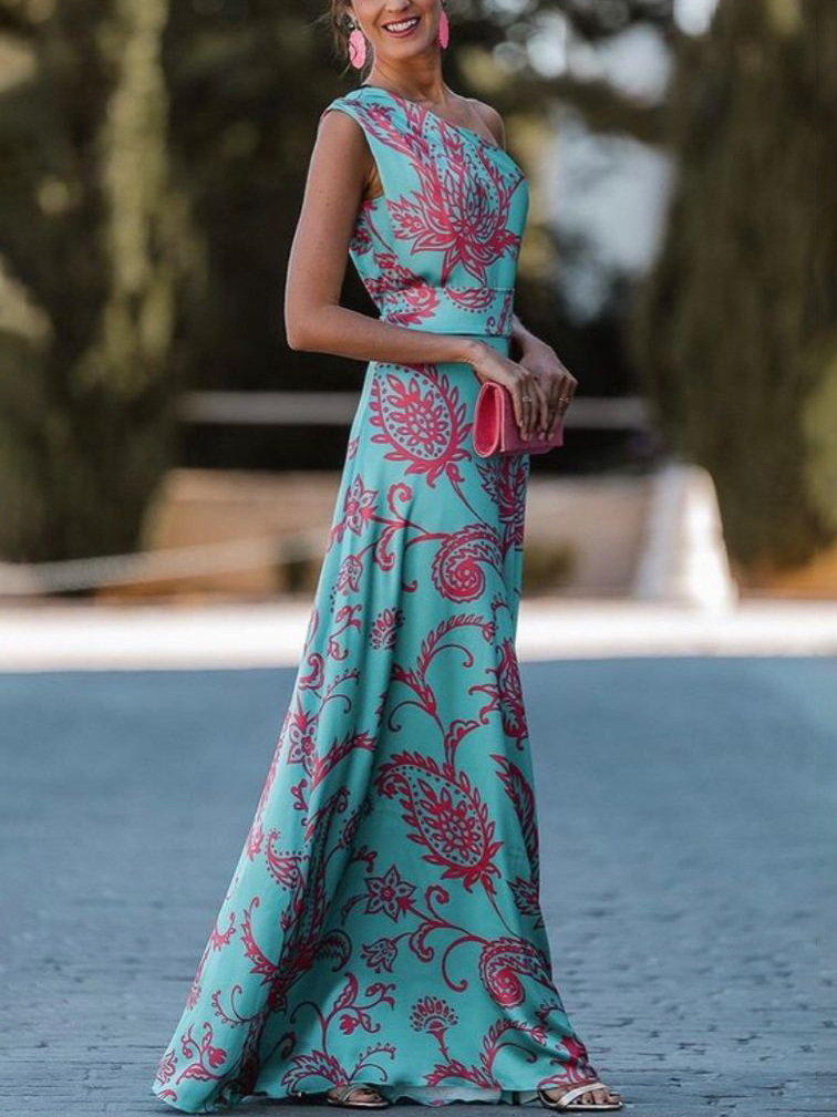 Satin Paisley Print One Shoulder Flowy Maxi Dress
