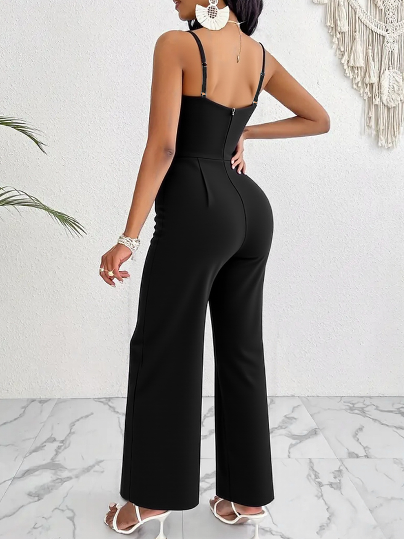 Women's Black Cowl Neck Lace-Insert Wide-Leg Jumpsuit