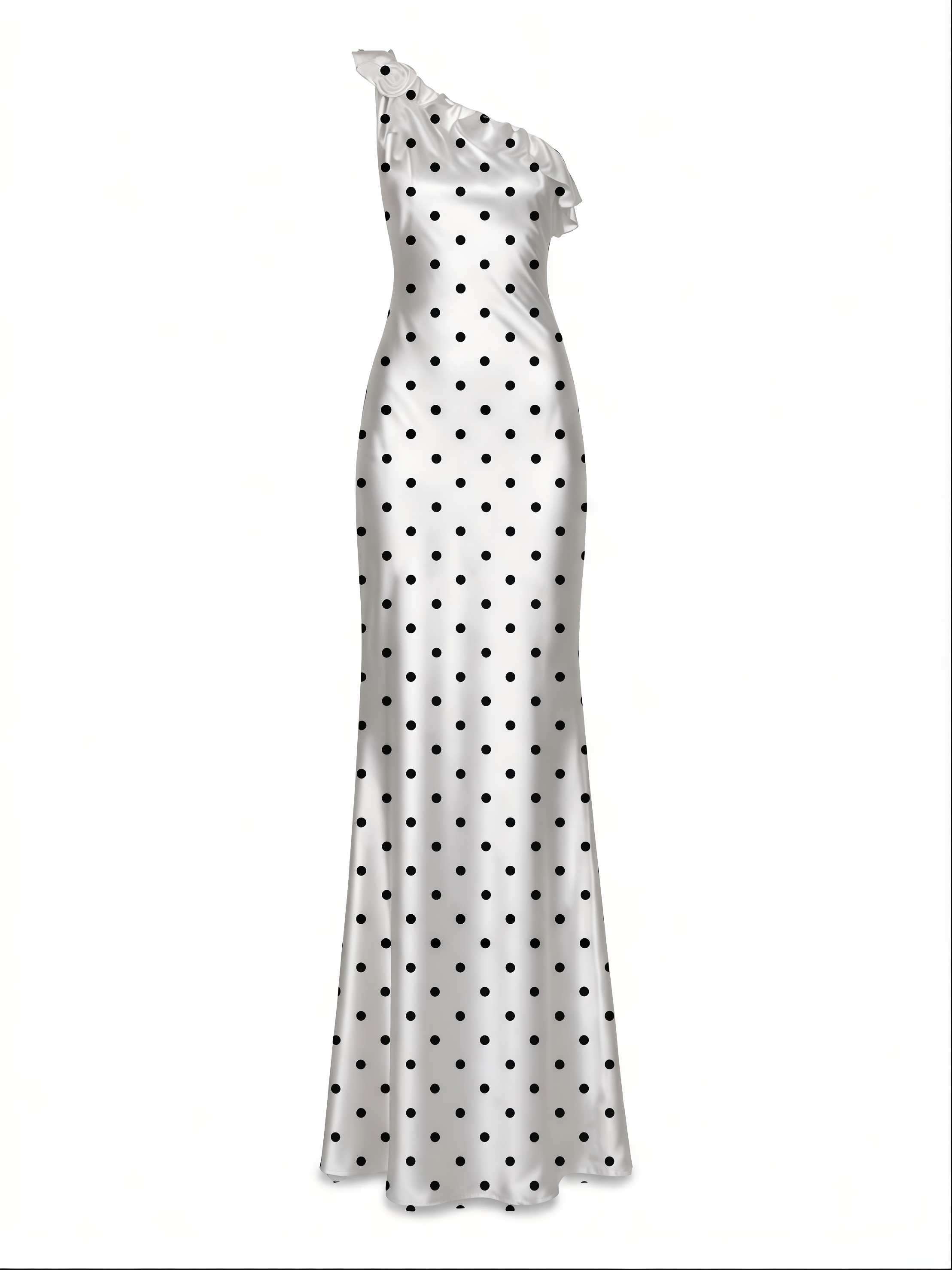 2026 Spring Summer Vintage Socialite Style Polka Dot Satin One-Shoulder Formal Dress | Ruffle Trim Fitted Mermaid Maxi Dress