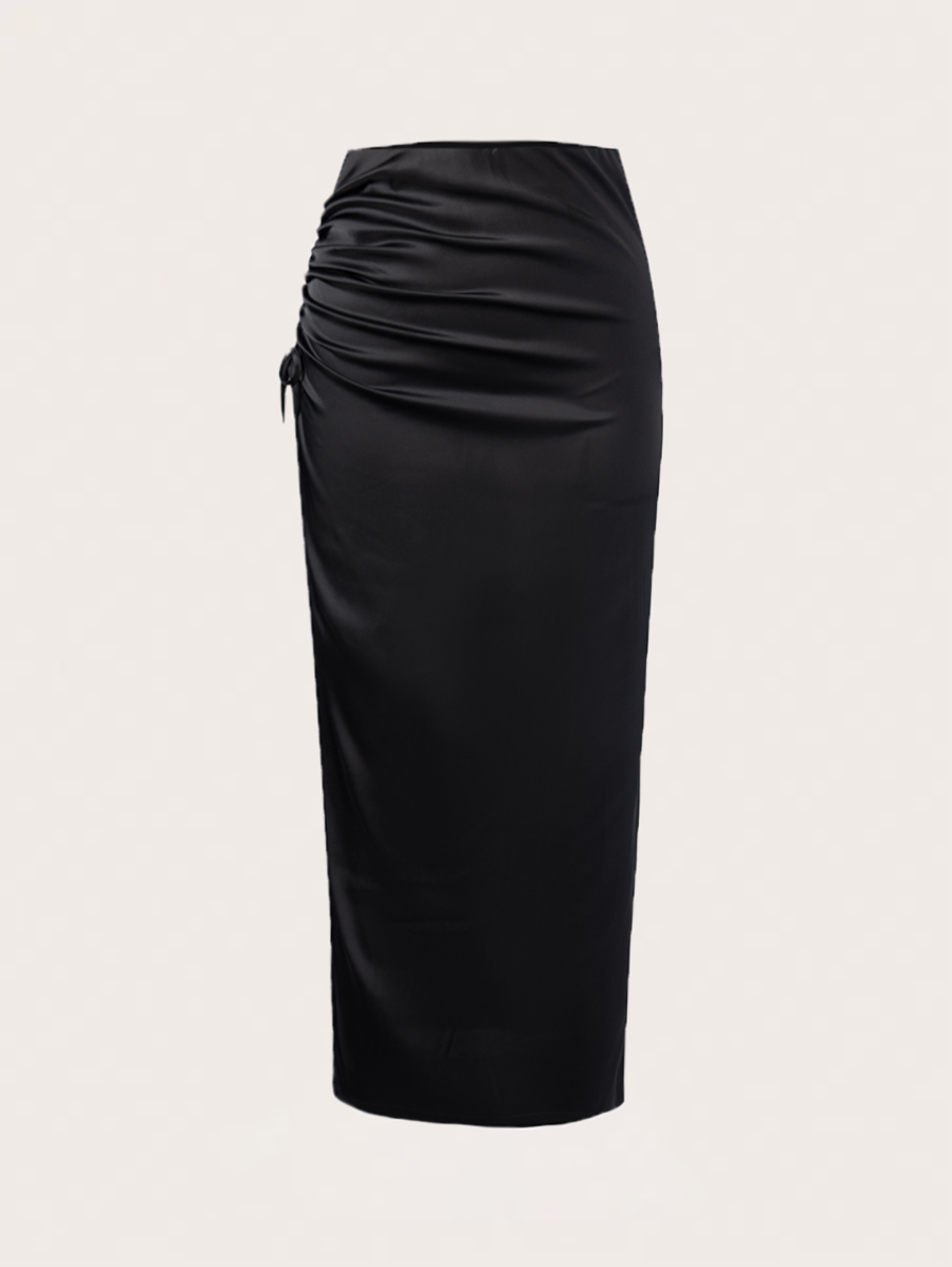Women's Black Satin Midi Skirt with Ruched Detail and Back Slit