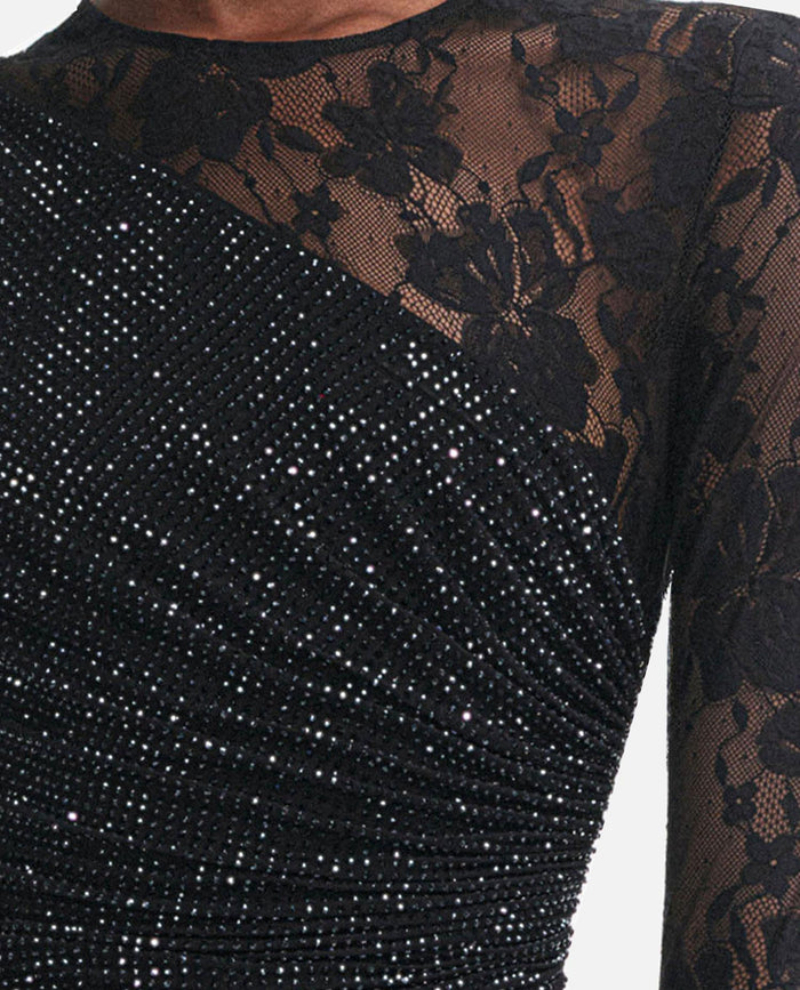 Woman's Light Luxury Sparkle Black Rhinestone Dress: Lace-Sleeve Ruched Slit Maxi Dress