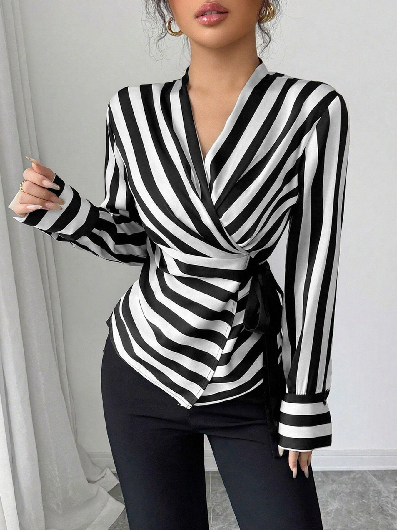 Women's Black White Striped Wrap Satin Blouse