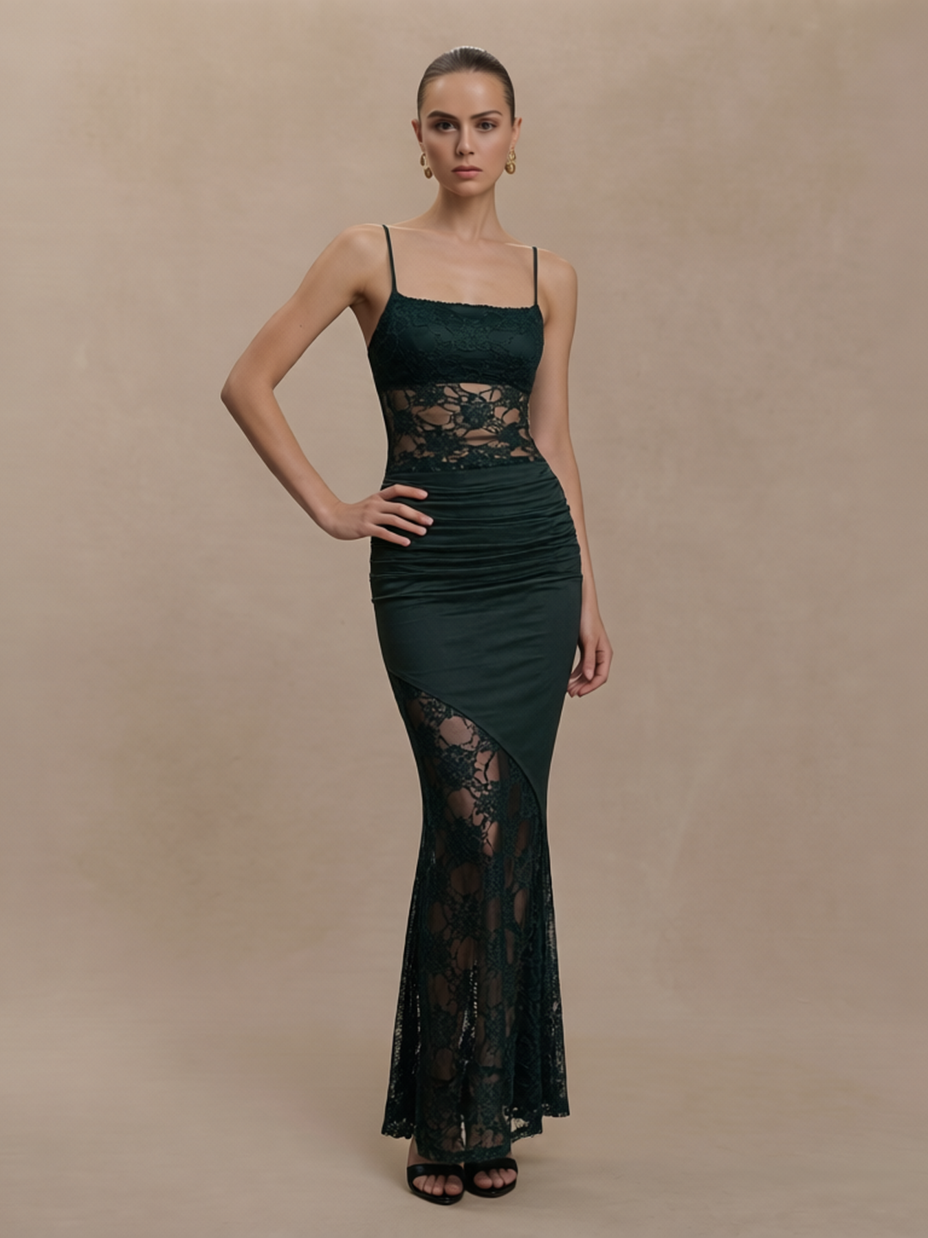 Dark Green Spaghetti Strap Lace Panel Ruched Mermaid Maxi Dress